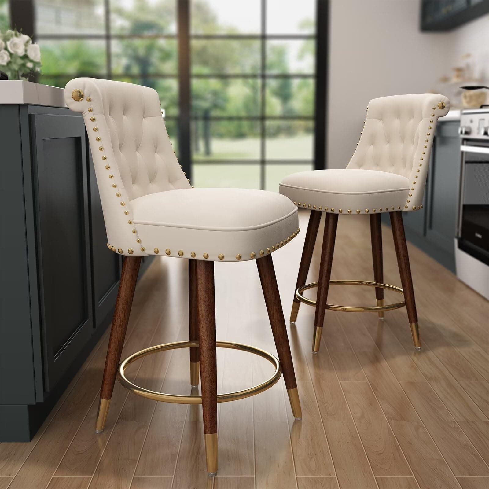 Set of 2 360° Swivel Counter Height Bar Stools with Back and Footrest - 24 Velvet Upholstered Beige Stools with Solid Wood Legs for Kitchen Island