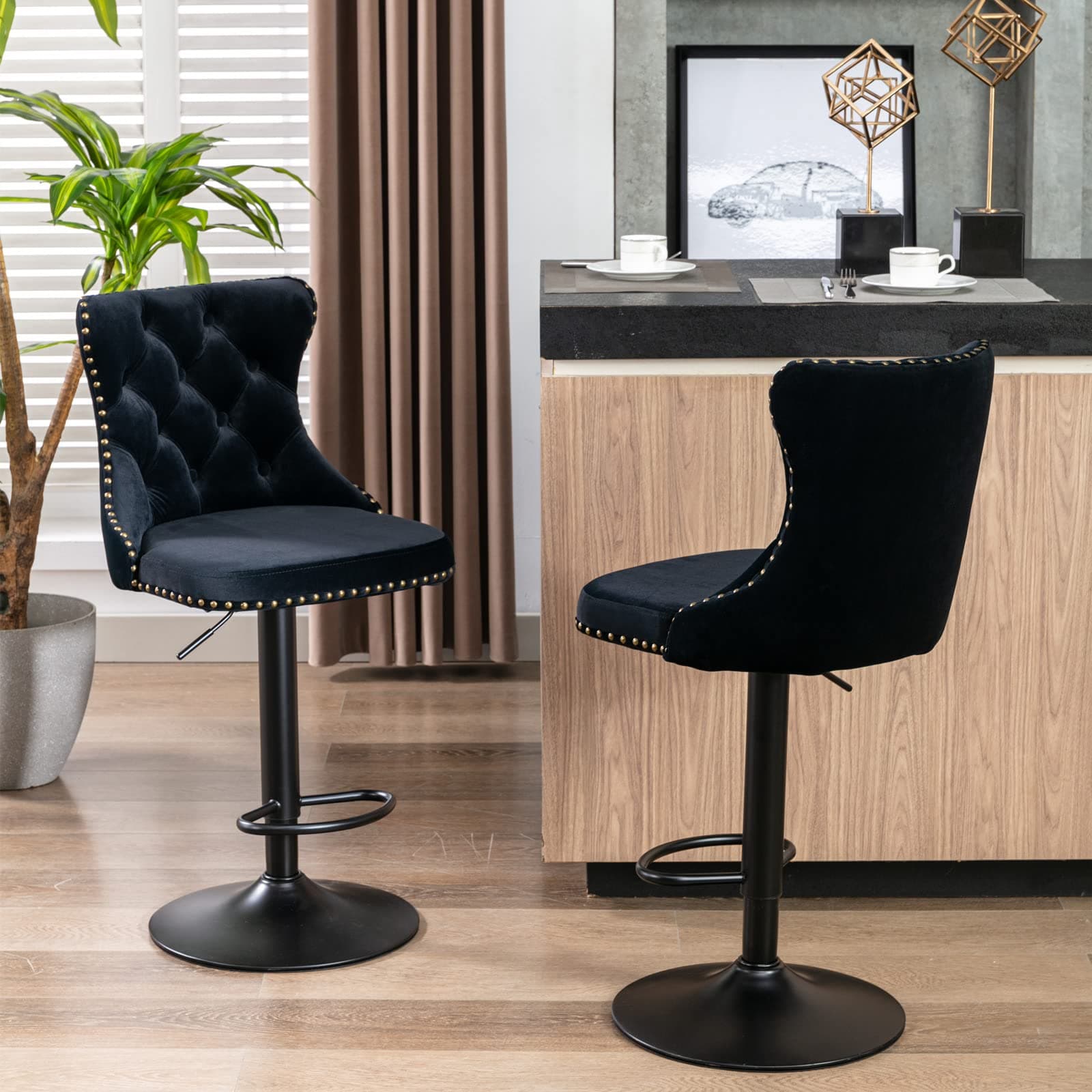 Modern Swivel Velvet Bar Stools Set of 2 with Backrest and Footrest - Black