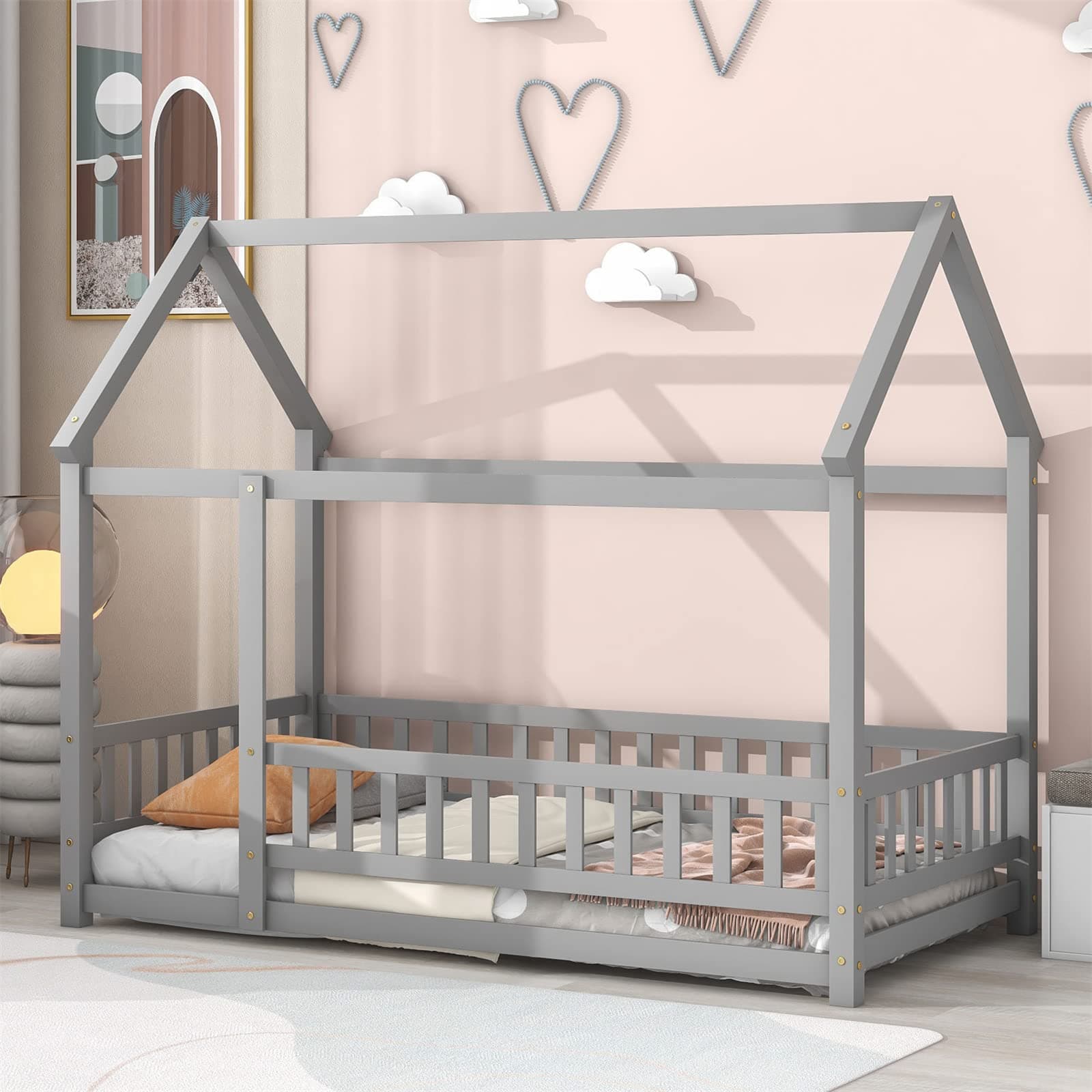 LLS Wooden Twin Bed with Roof & Fence, Gray for Boys & Girls