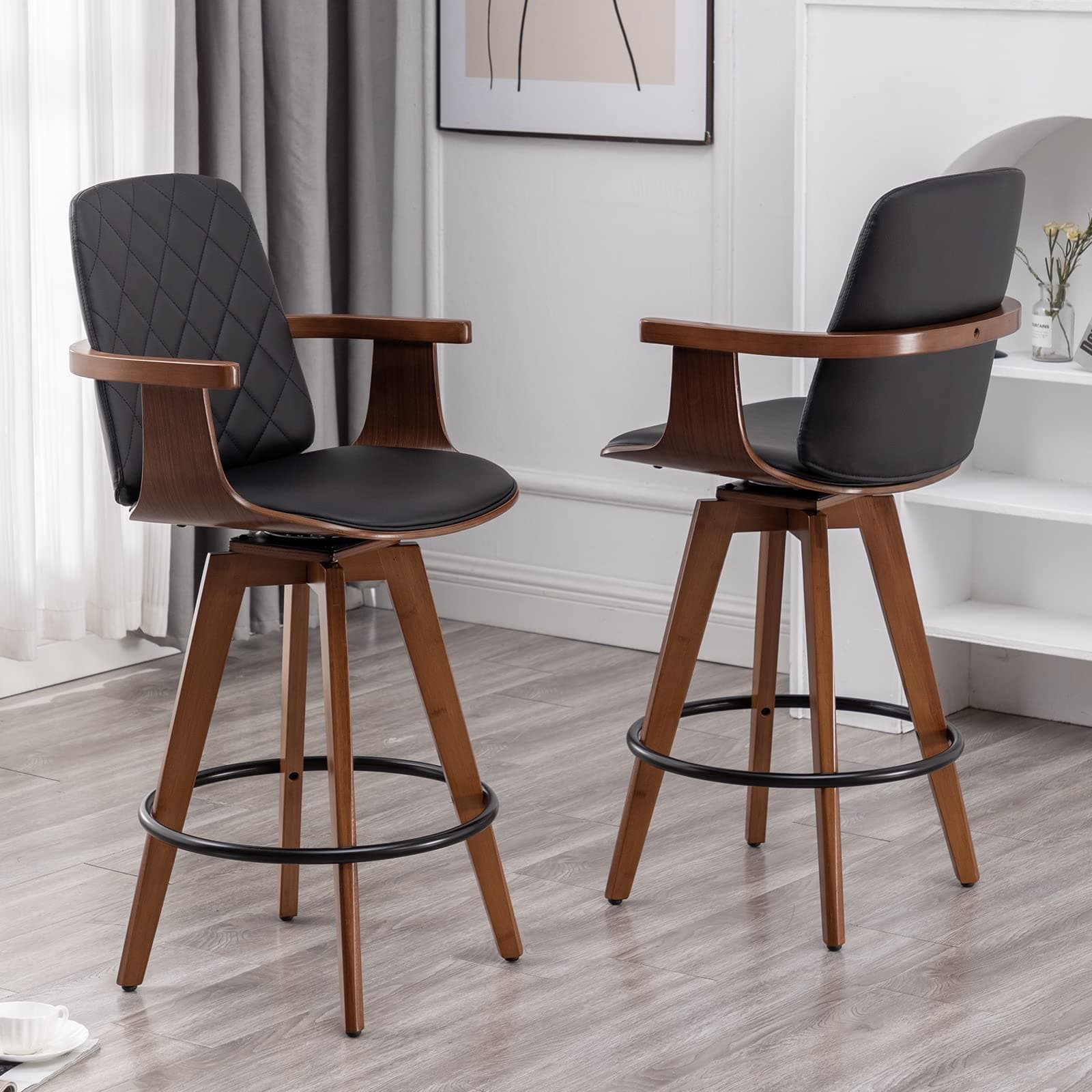 Set of 2 Upholstered Faux Leather Swivel Bar Stools with Wooden Arms and Legs, 25.6-Inch Seat Height (Black, 26 Counter Height)