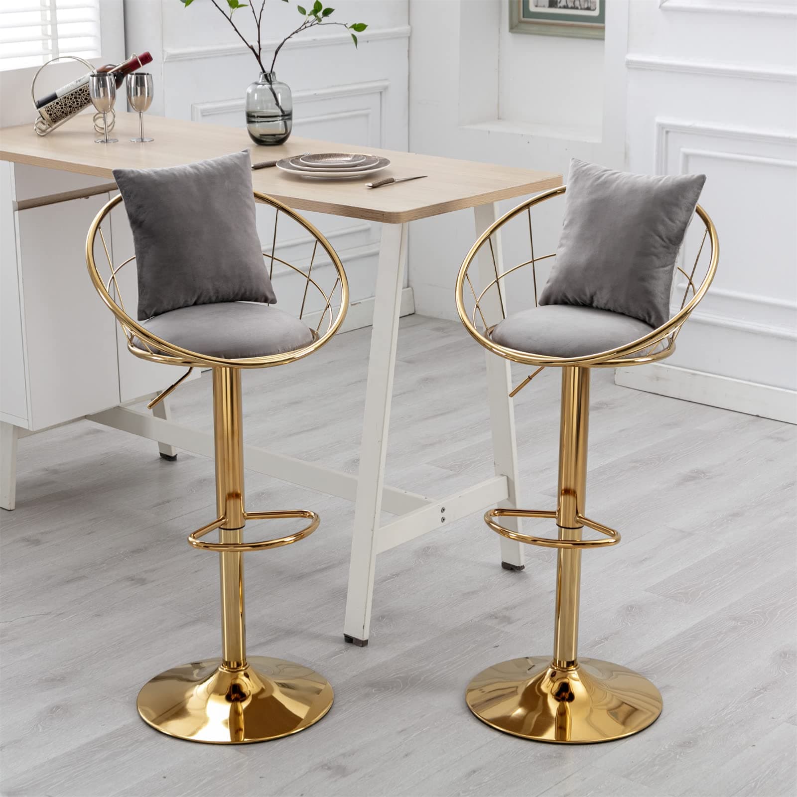 Swivel Bar Stools Set of 2 with Adjustable Height, Pillow, Back, Footrest - Grey Velvet Counter Height Bar Chairs