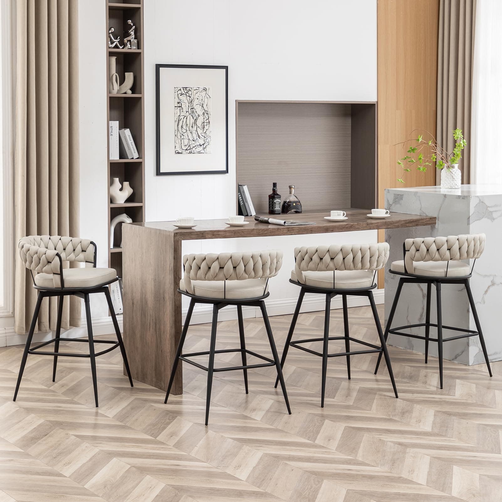 Beige 26" Swivel Bar Stool Set, Modern Woven Back, 4 Packustrial Island, Cafe, Bar Counter
