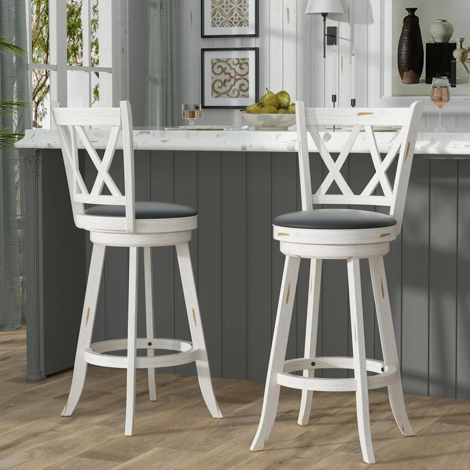 Antique White Swivel Bar Stools - High Back, Upholstered Seat & Solid Wood Footrest (Set of 2)
