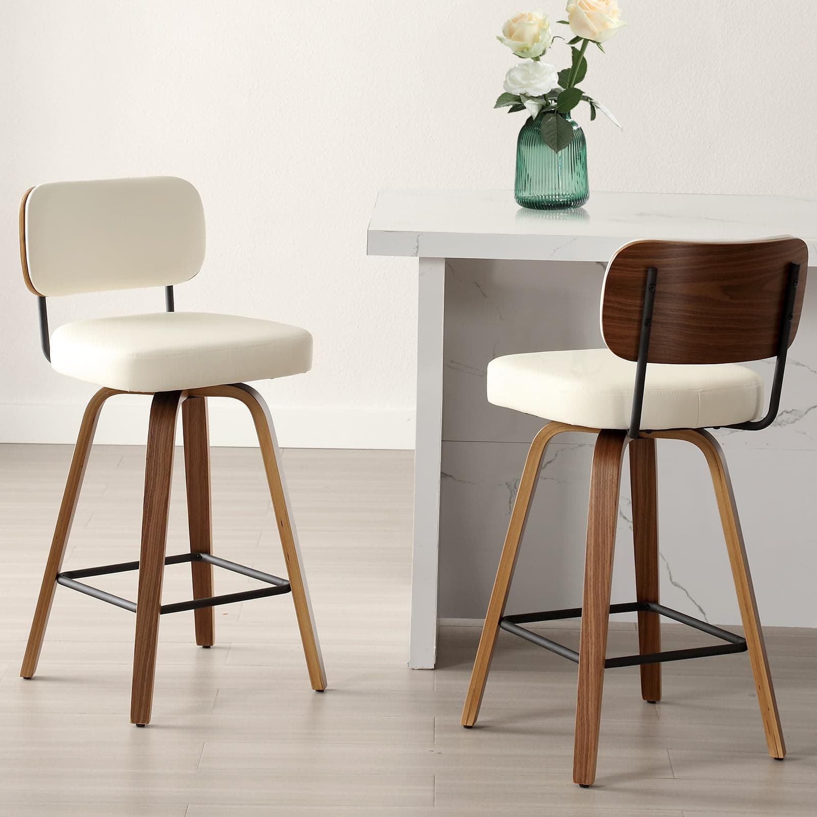 Mid Century Modern 26" Faux Leather Bar Stool Set, Cream White with Back