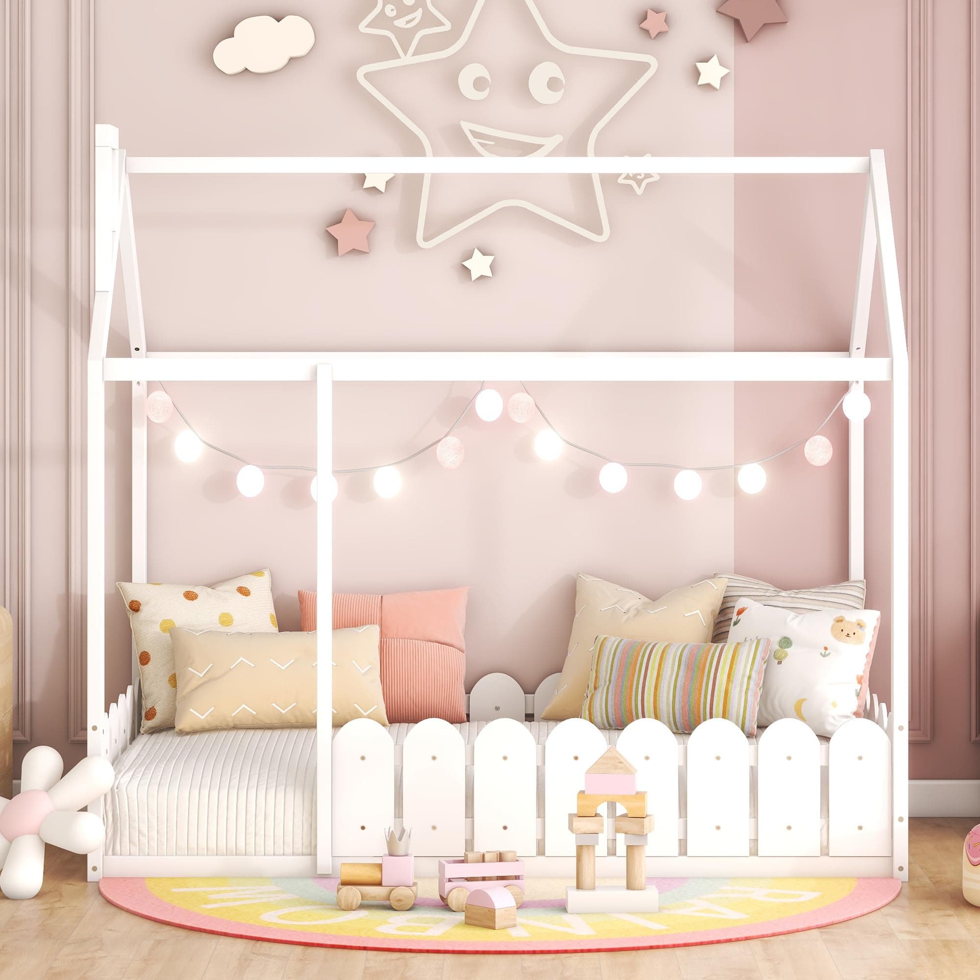 Harper & Bright Twin Montessori Floor Bed with Fence Rails (White)