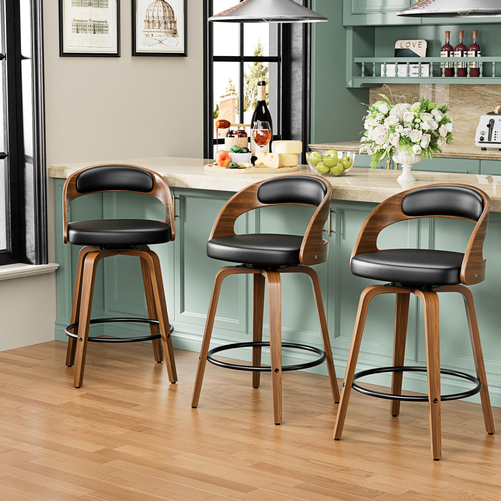 Mid Century Modern Black Swivel Bar Stool Set of 3, 26" Counter Height