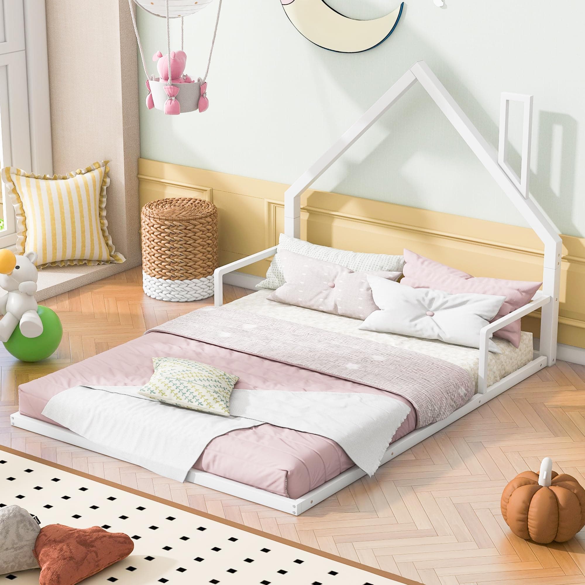 Bellemave Full Size Kids Floor Bed with House-Shaped Headboard, White