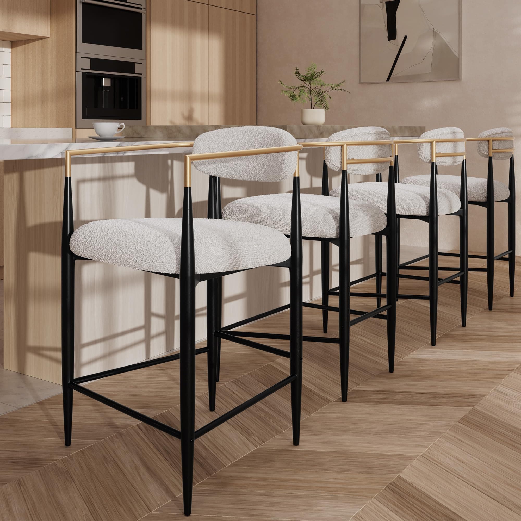 Modern Fort Boucle Bar Stools, Set of 4, 26" with Backrest, Kitchen & Dining Room