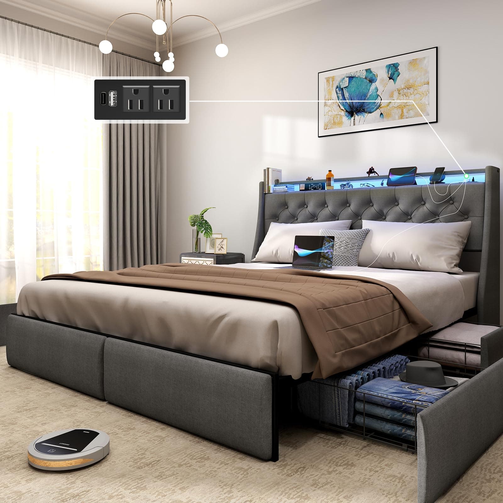SADENICEL Full Size Bed Frame with Storage and LED Light, Charging Station, Grey
