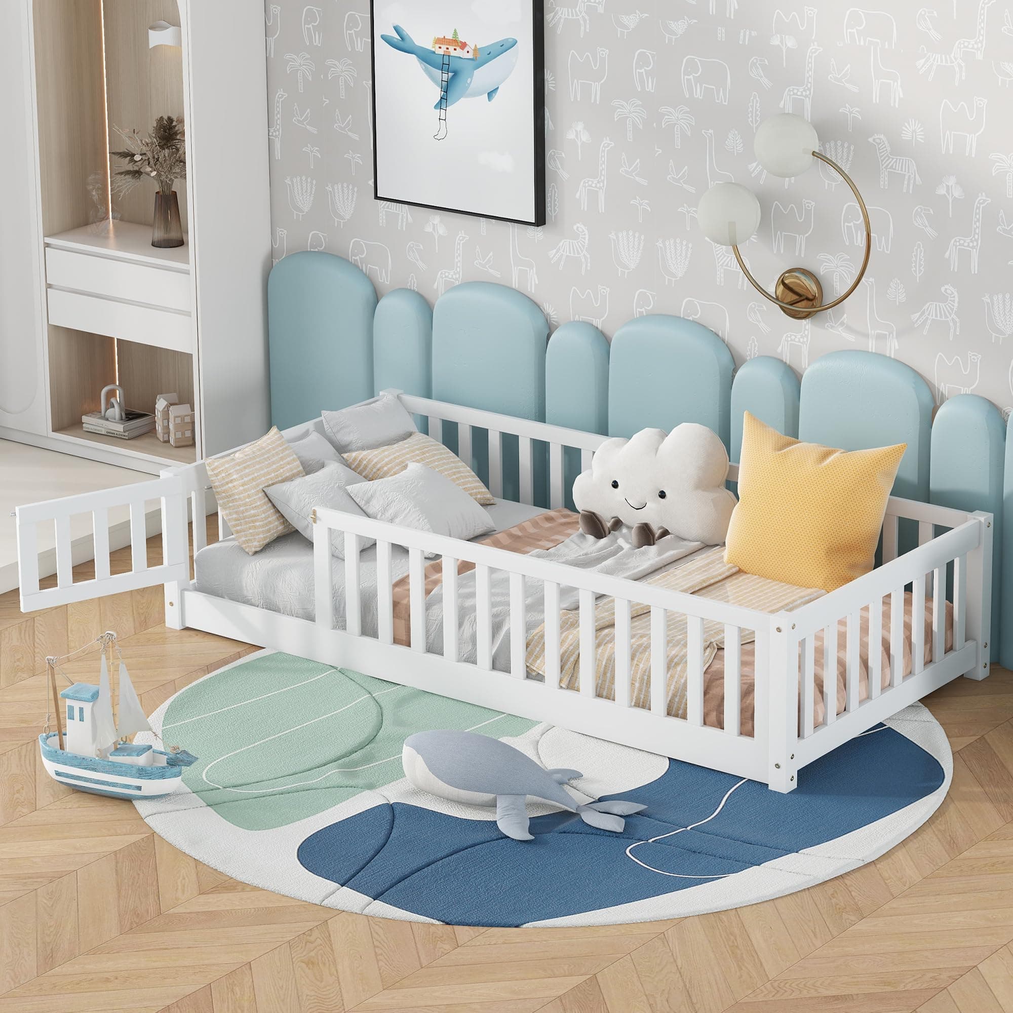 Twin Size Montessori Floor Bed with Door & Safety Guardrails, Solid White
