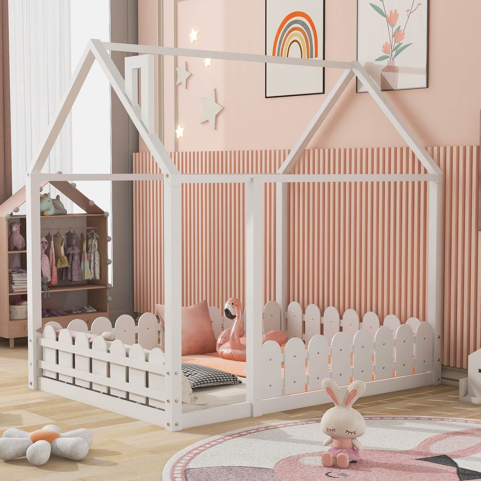 White Wood Cabin Bed Frame for Kids, Teens, Girls, Boys, Adults