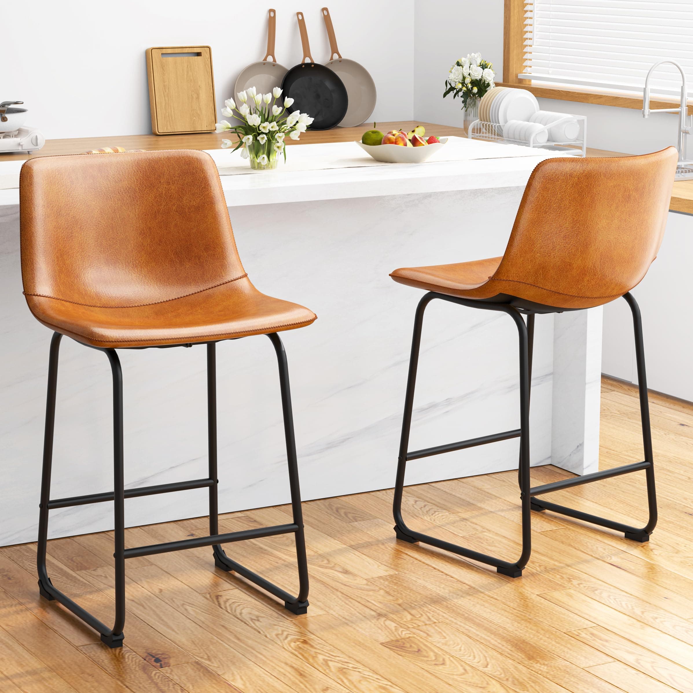 Brown PU Leather Counter Height Bar Stools Set of 2