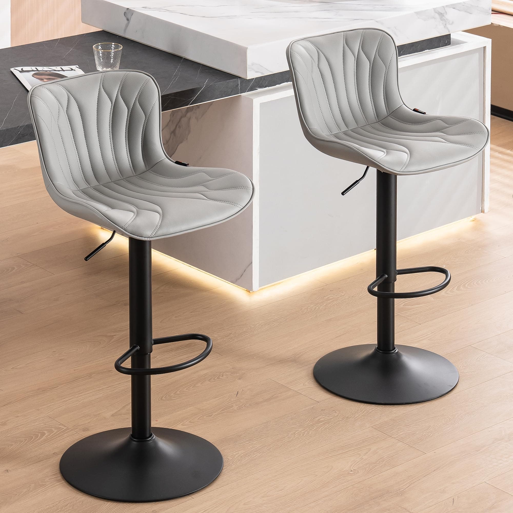 YOUNUOKE Counter Height Swivel Bar Stools, Light Grey Faux Leather, Set of 2