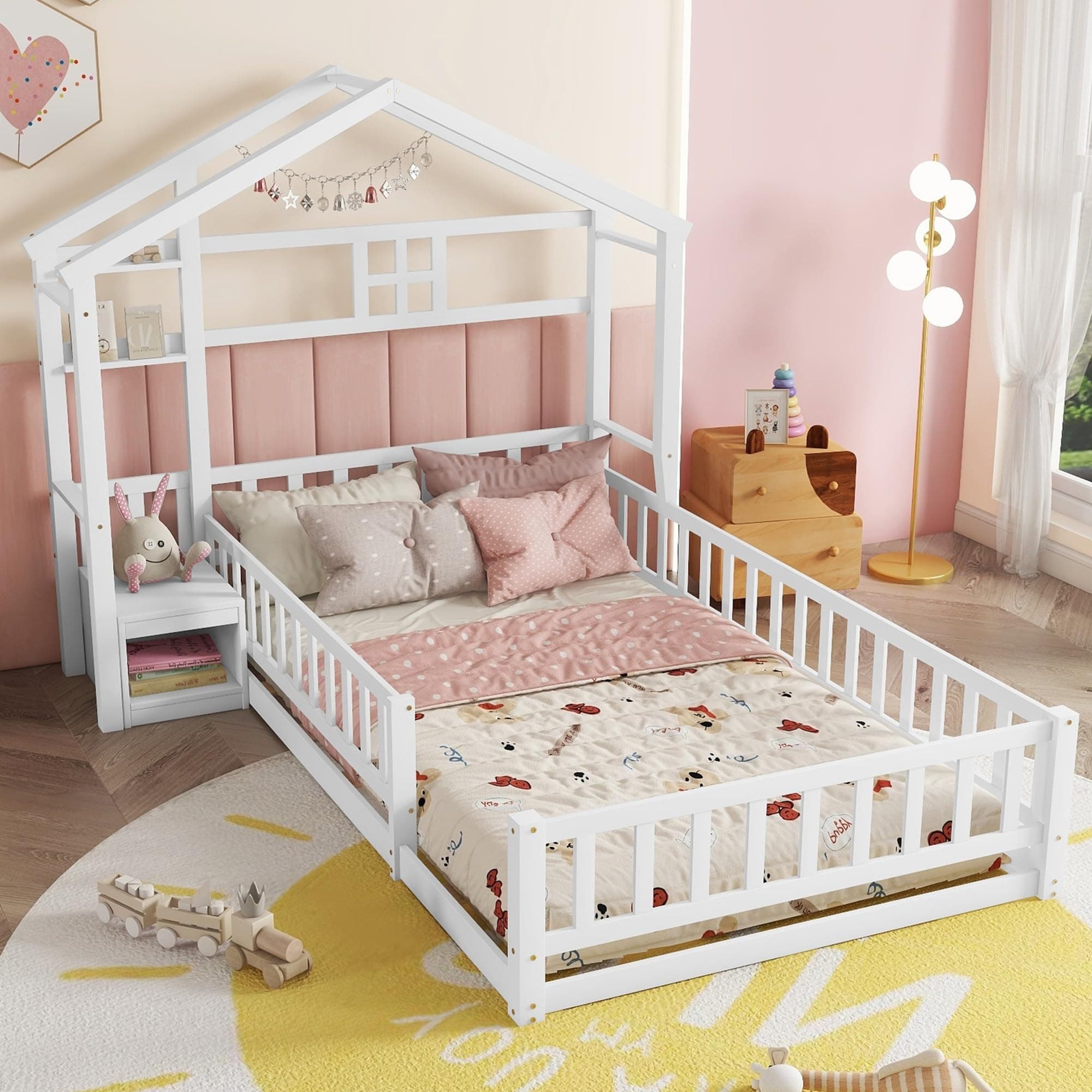 Montessori Wood Twin House Bed with Fence Guardrails & Stand, White
