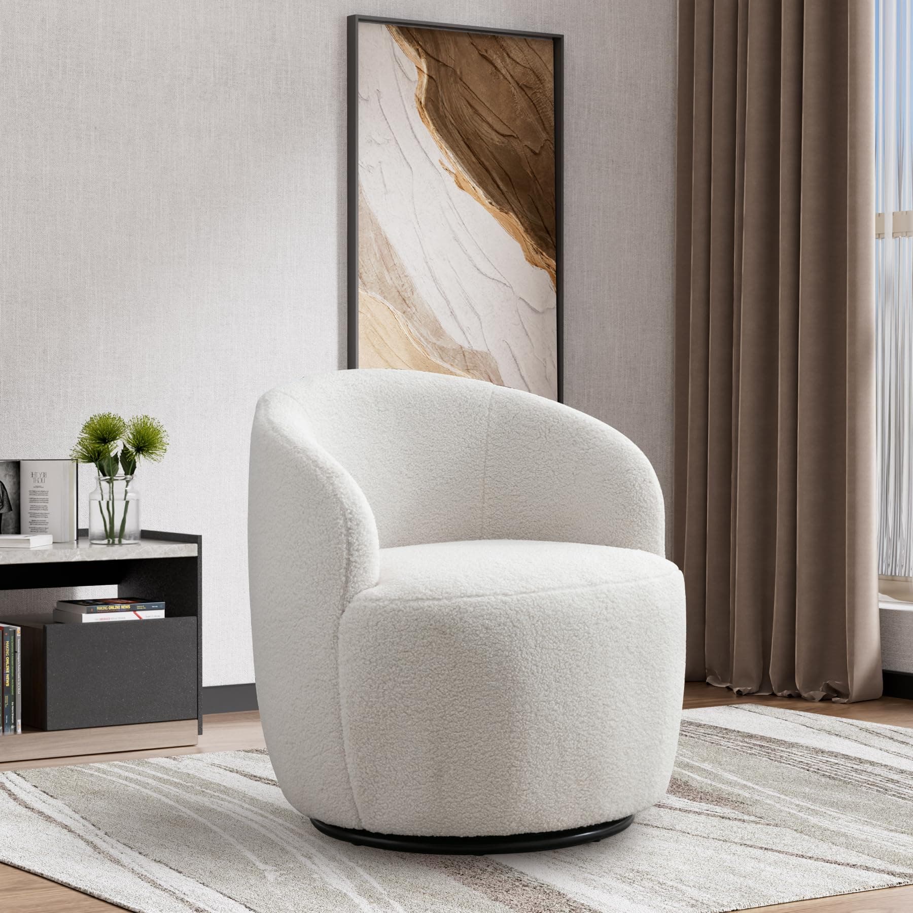 Ivory Boucle Swivel Chair, 360° Rotating Living Room Accent Chair