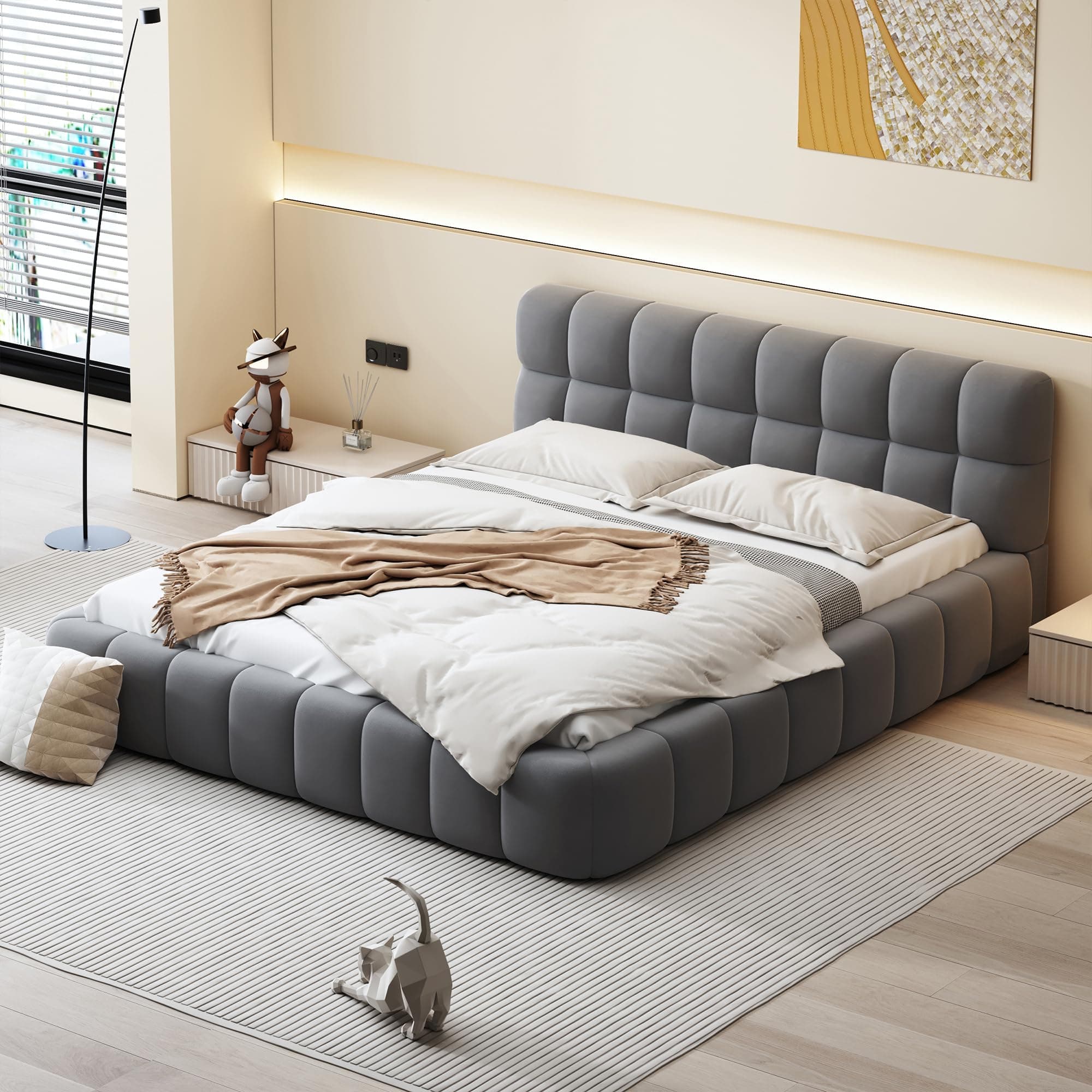 Modern Tufted Queen Platform Bed - Gray Linen Wingback Frame