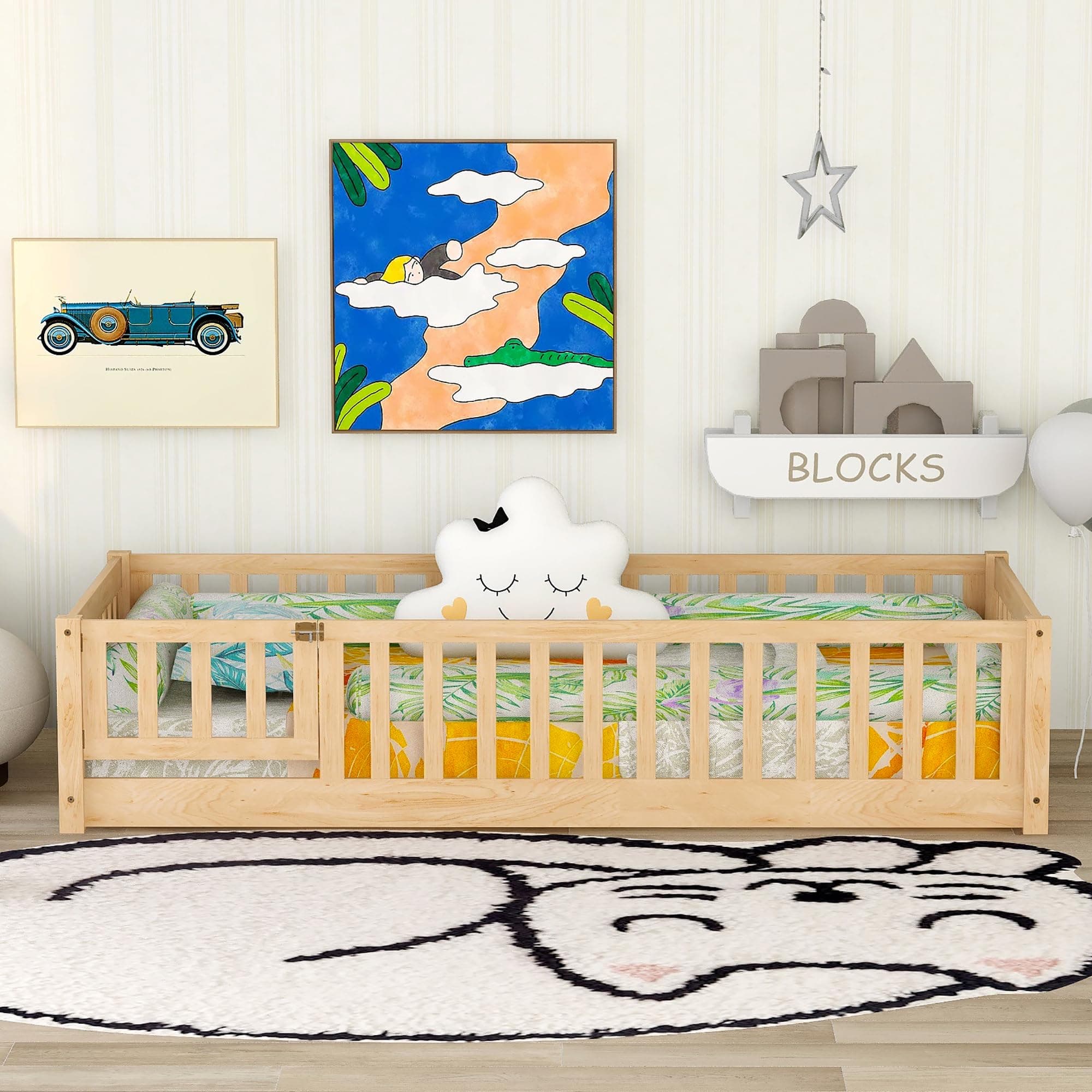 Bellemave Twin Size Floor Bed with Door & Safety Guardrails for Kids