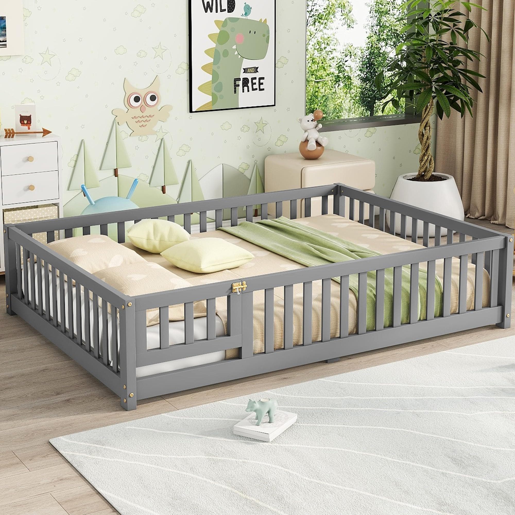 Gray Montessori Floor Bed with Slats and Center Support Bar