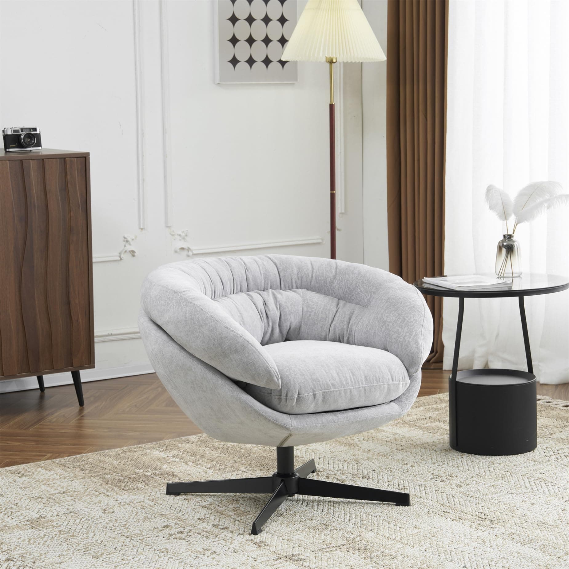 360 Degree Swivel Chenille Upholstered Accent Chair, Gray Metal Base Office Chair