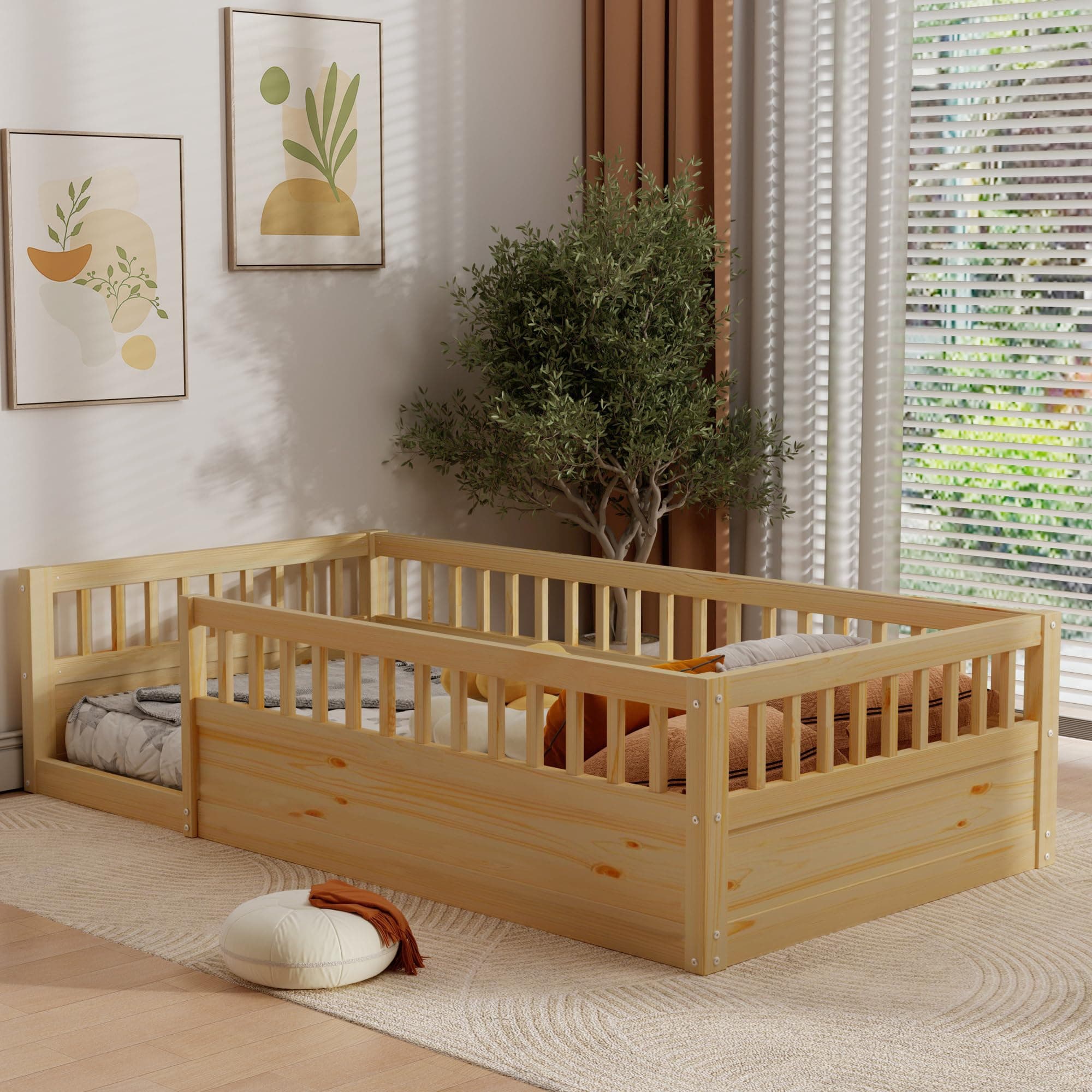 Twin Size Montessori Bed with High Fence (Natural)