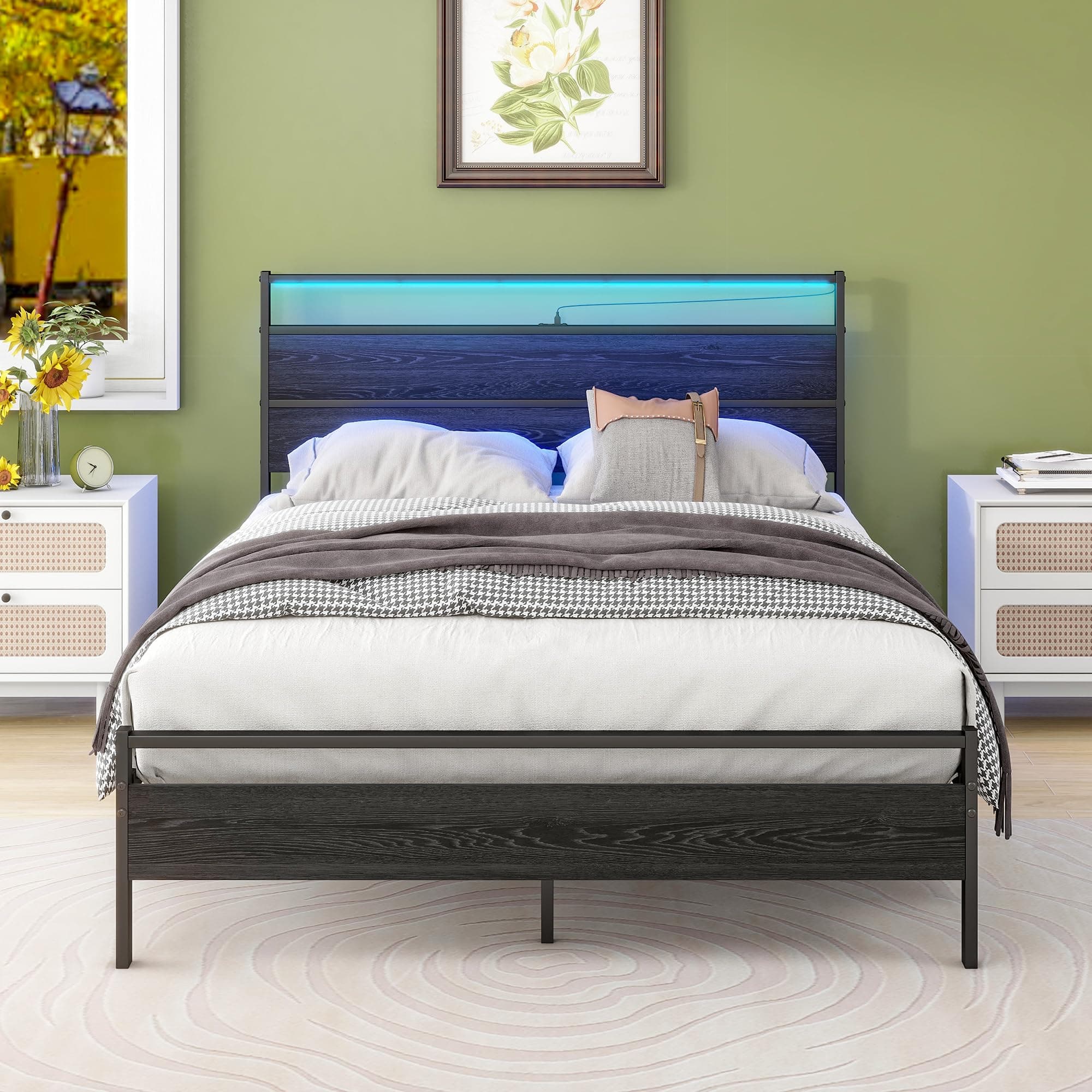 Full Size Metal Bed Frame with Headboard & LED Lights & Charging Station