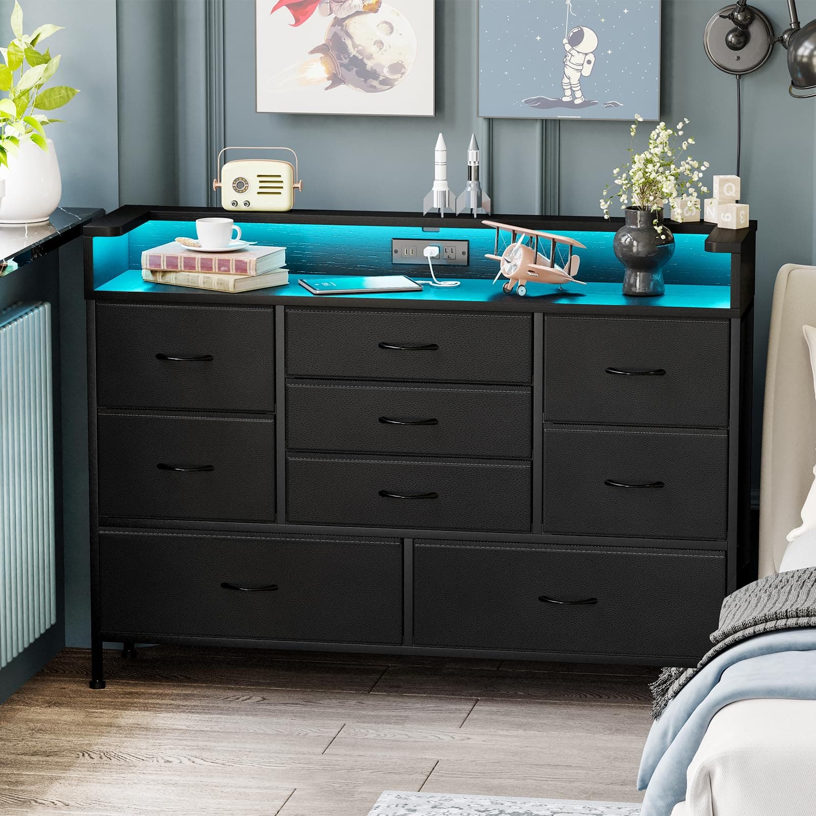 Black LED Dresser with 9 Drawers and Charging Station for Kid Room, Entryway, Living Room, Hallway