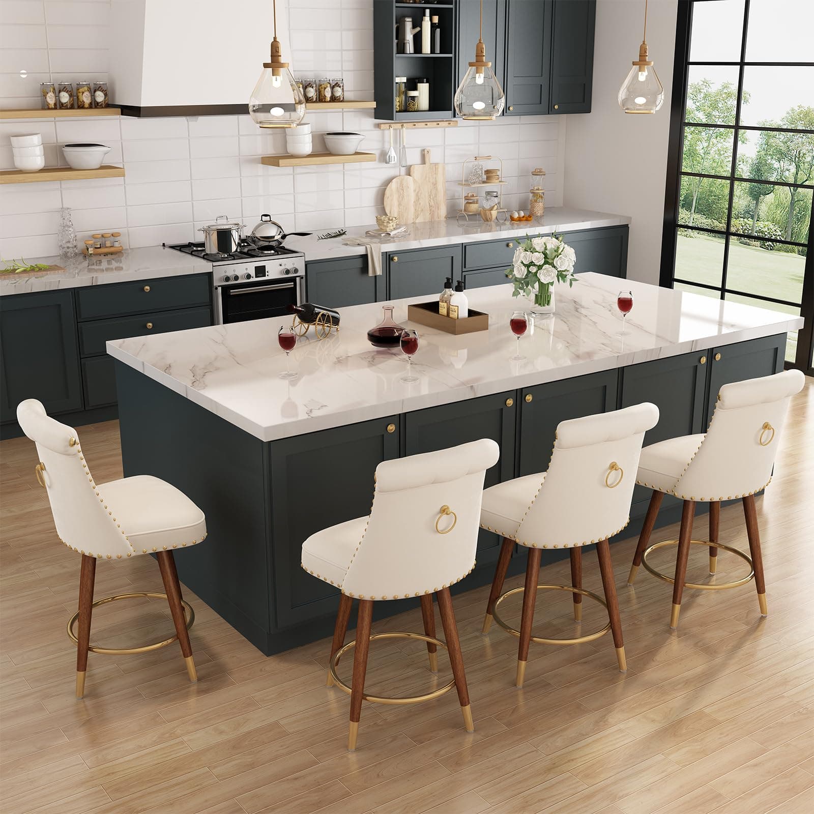Upholstered Beige Bar Stools, 360° Swivel, Counter Height, Kitchen Island Set