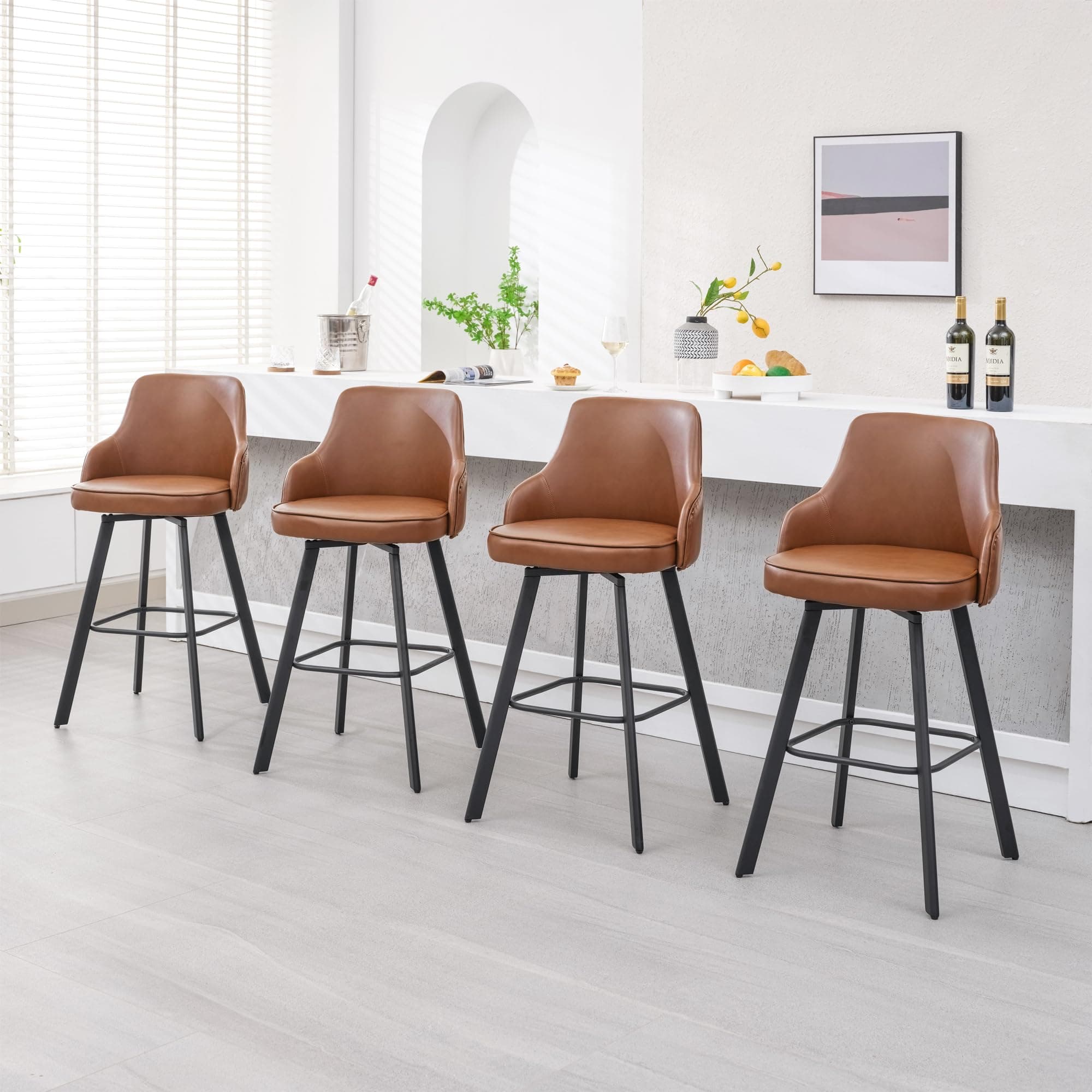 4PCS Swivel Bar Height Bar Stools with High Back, Faux Leather Kitchen Barstools
