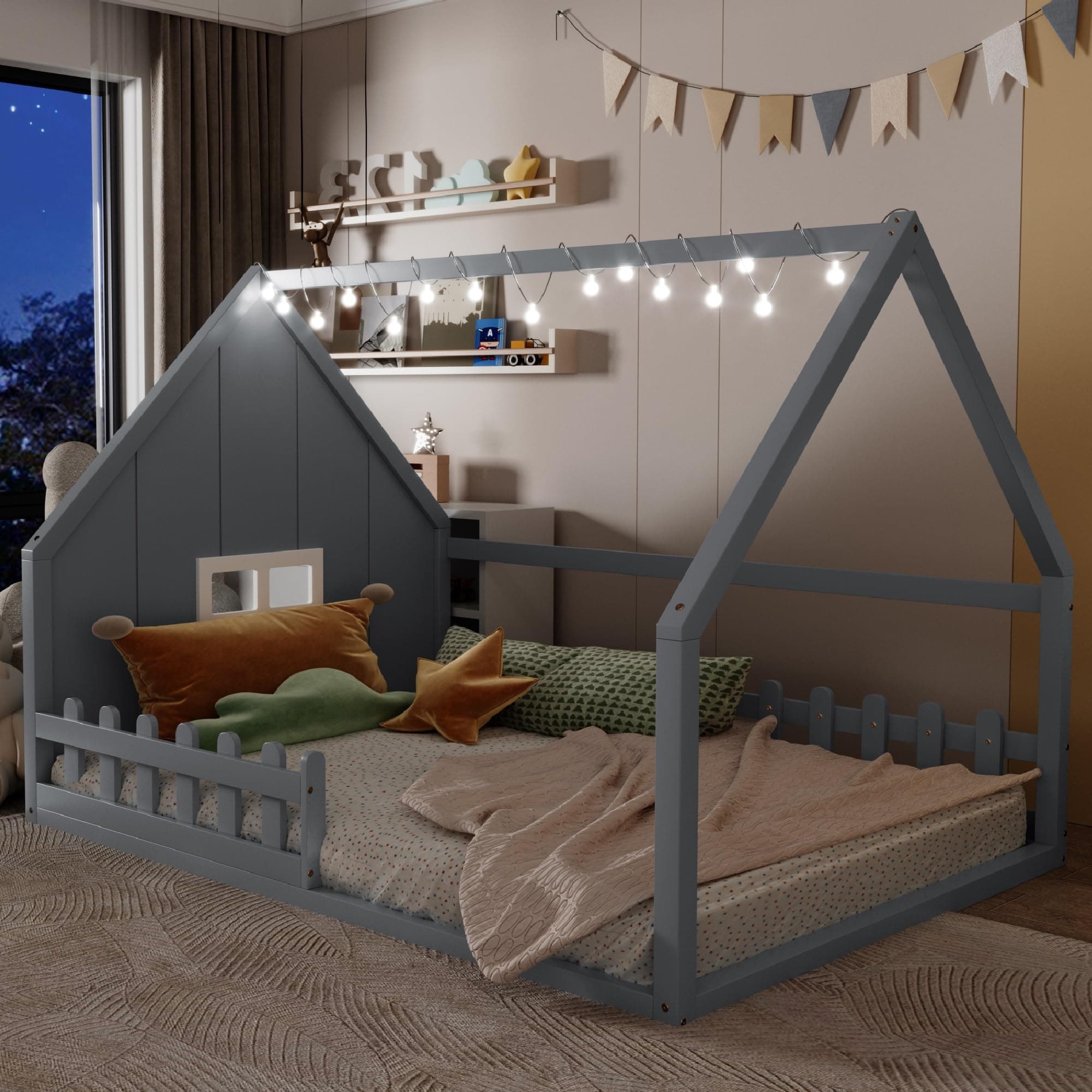 Merax Full Size Montessori Floor Bed with LED Light, Gray