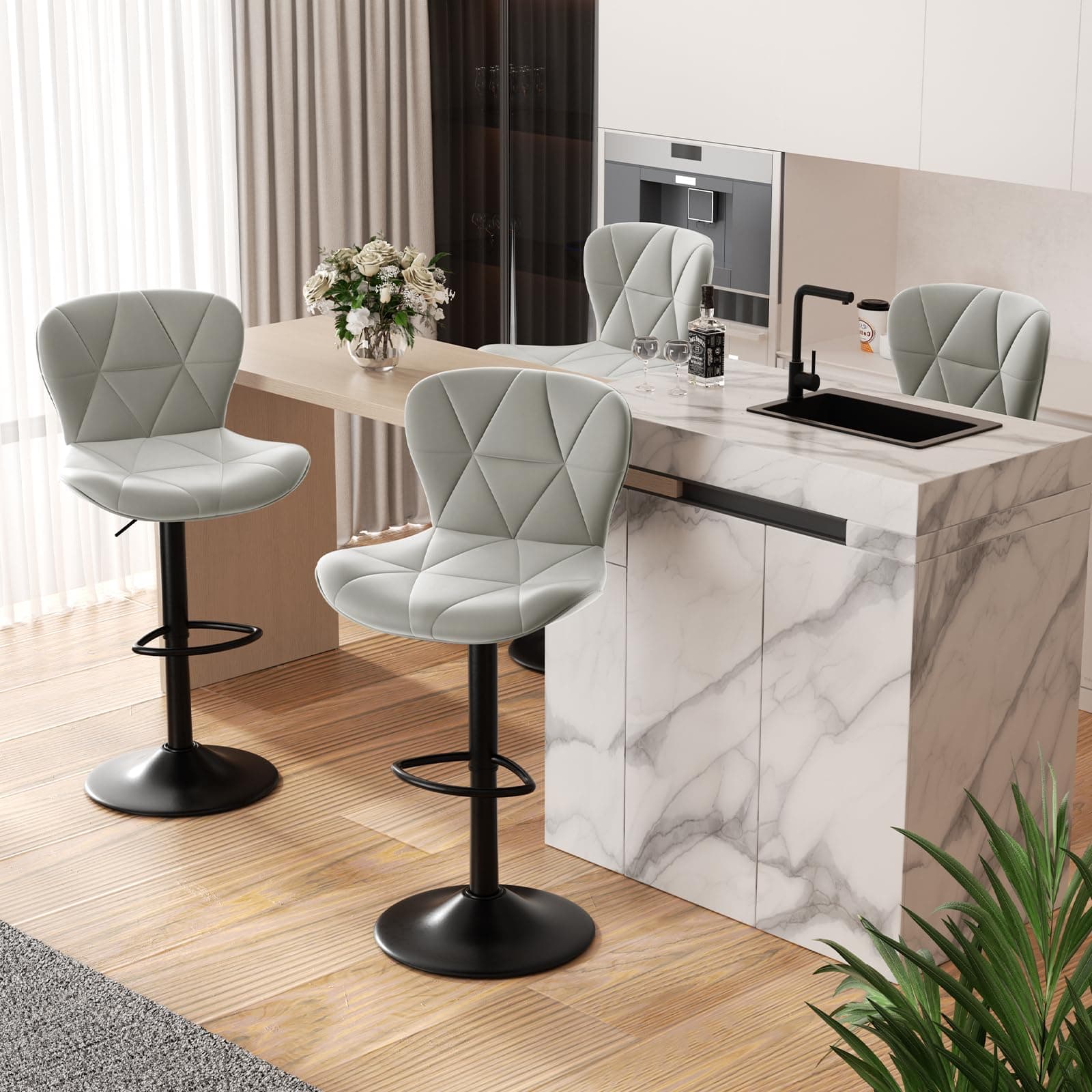 Adjustable Swivel Bar Stool Set of 4 in Light Grey Faux Leather