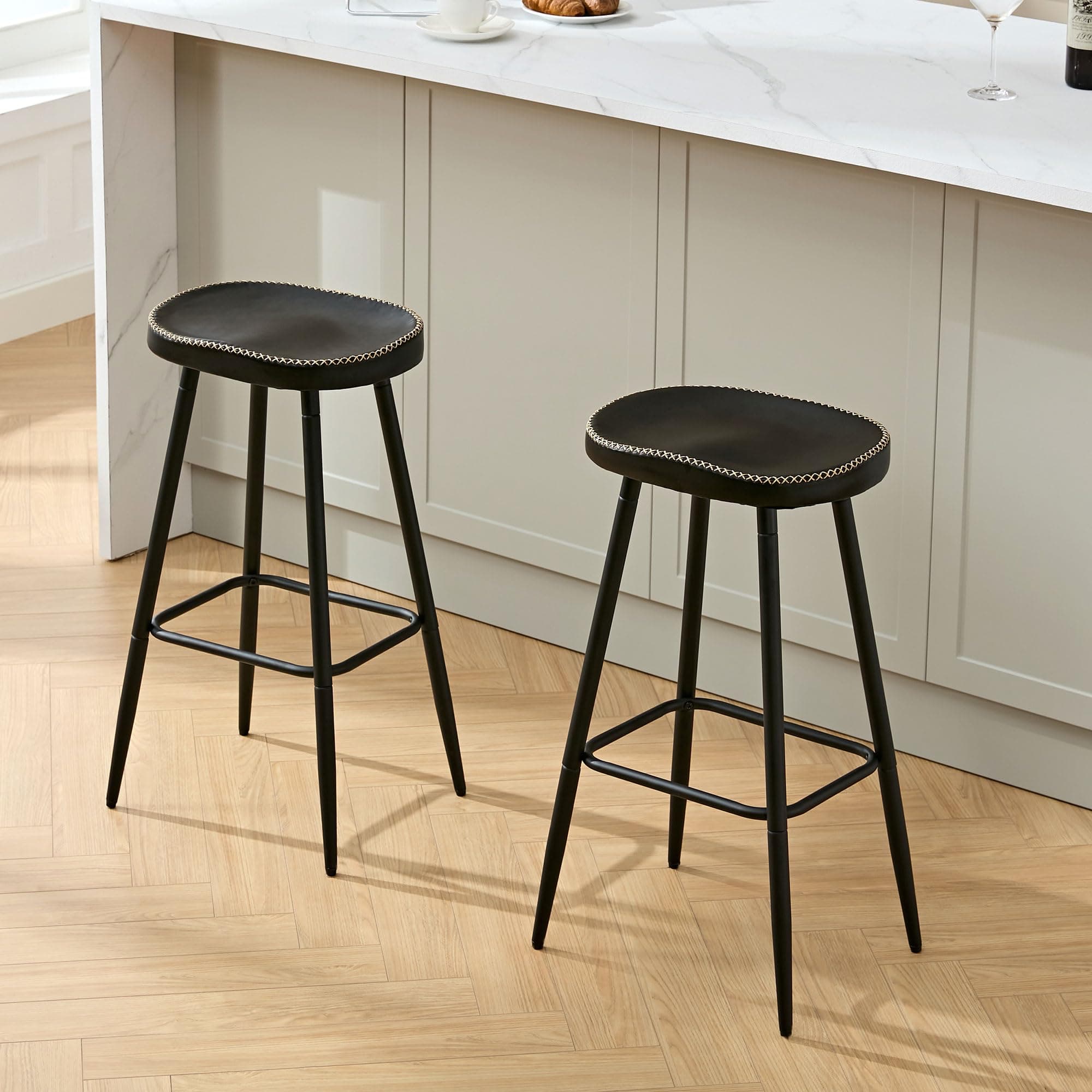 Modern Black Faux Leather Bar Stools, 28" Height for Kitchen Island (2 PCS)