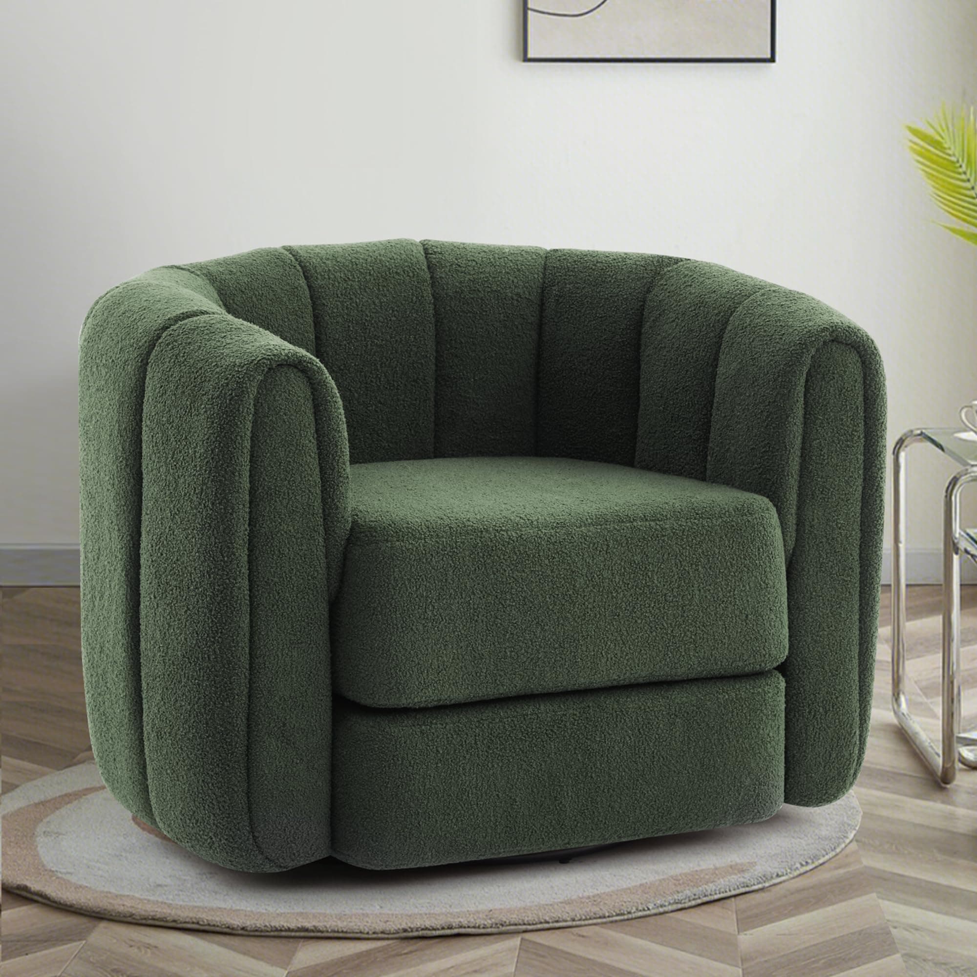 360-Degree Swivel Teddy Upholstered Cheese Chair, Pumpkin-Shaped for Living Room, Bedroom, or Office (Green, 37")