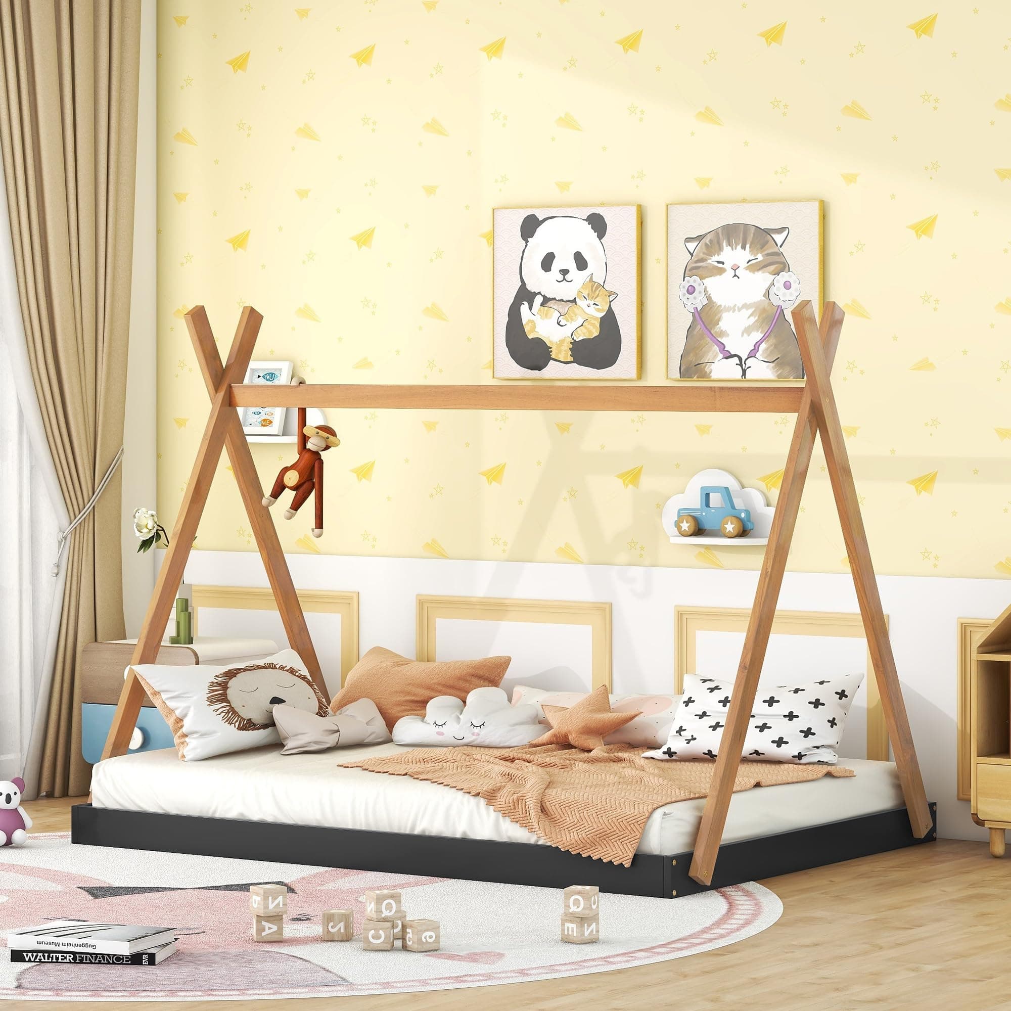 Montessori Style Black & Brown Wood Teepee Bed for Kids Box Spring Required
