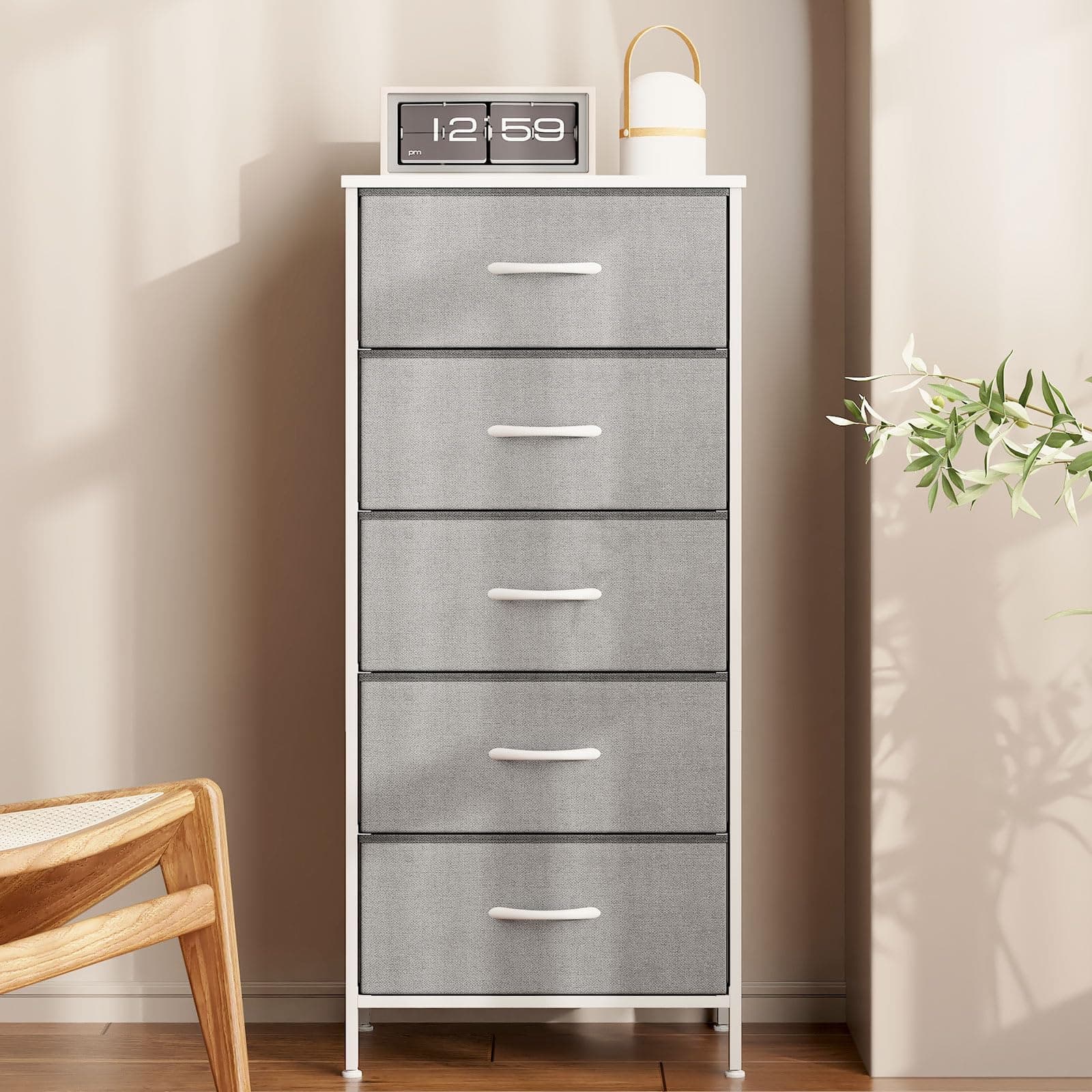 Sturdy Steel Frame Light Grey 5-Drawer Dresser Chest of Drawers