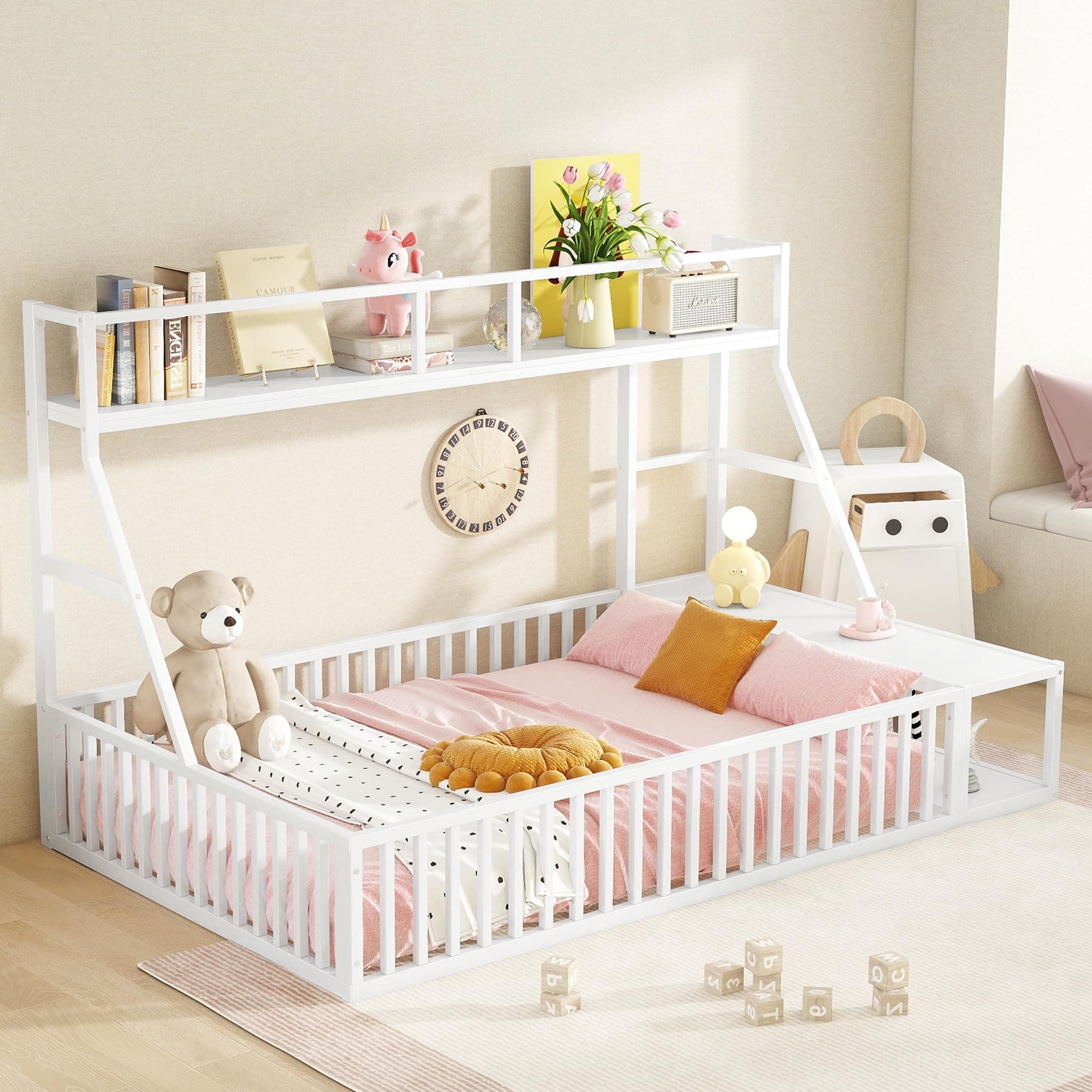 Full Size Kids' Safety Fence Floor Bed with Desk & Storage, Off White