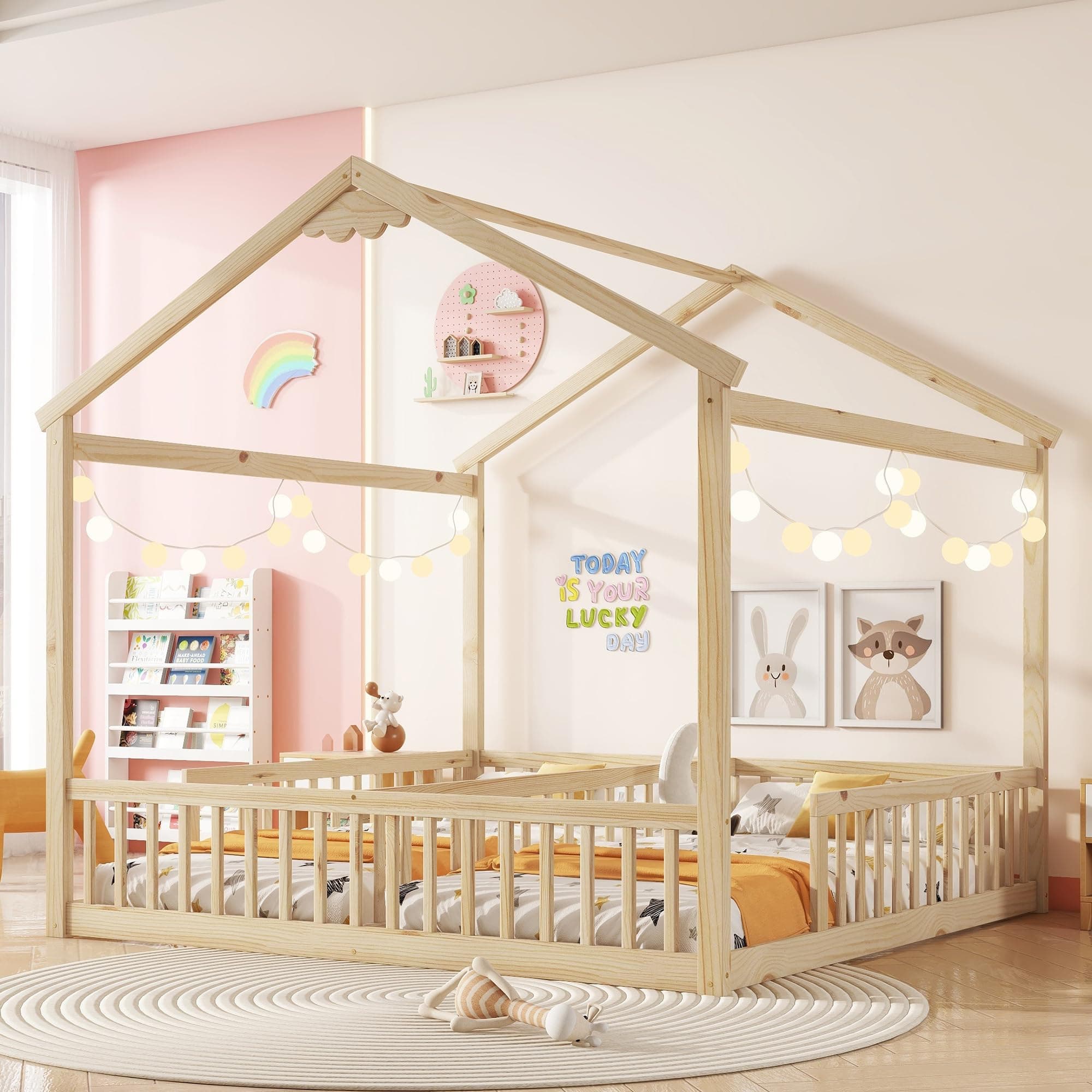 Twin Bed Frames for Kids, Montessori Wood Fence Railings, Natural Tone