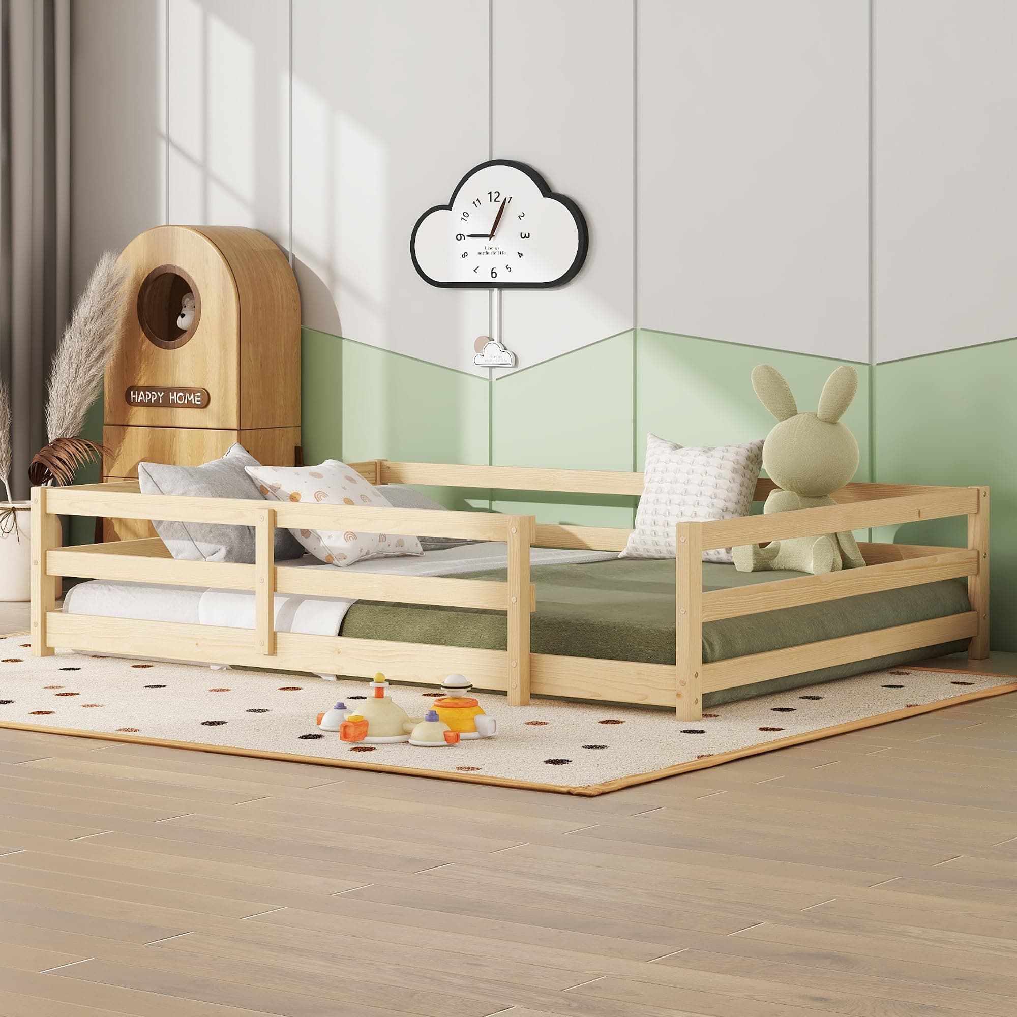 Full Size Wood Floor Bed Frame with Fence - Natural
