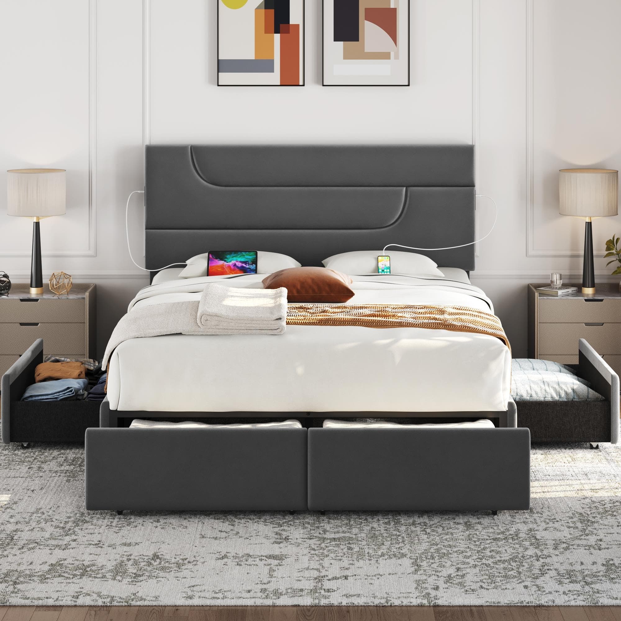 Yaheetech Dark Gray Queen Bed Frame with USB Charging & Storage Drawers