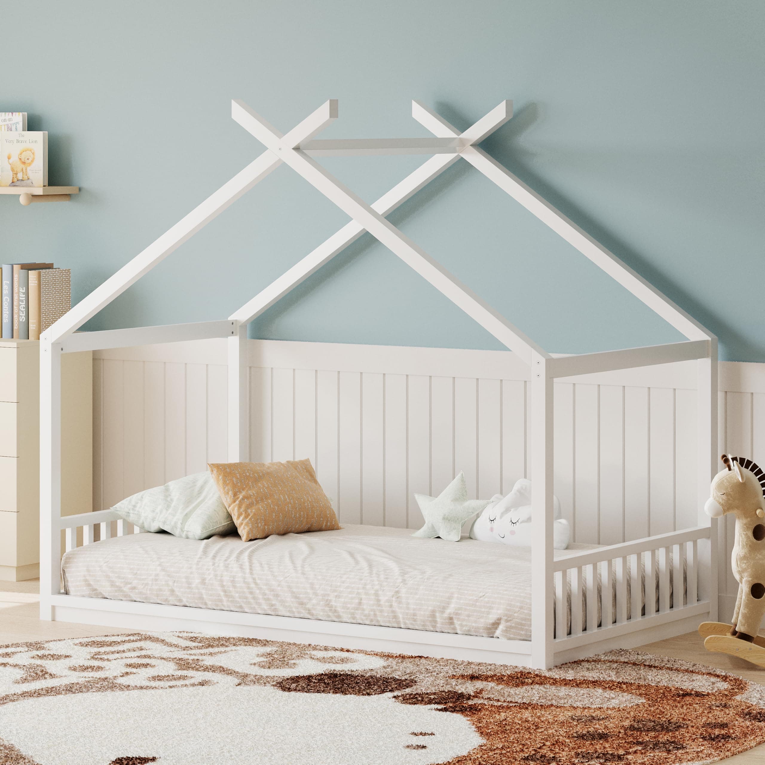 Montessori Twin Size Floor Bed with Fence, White