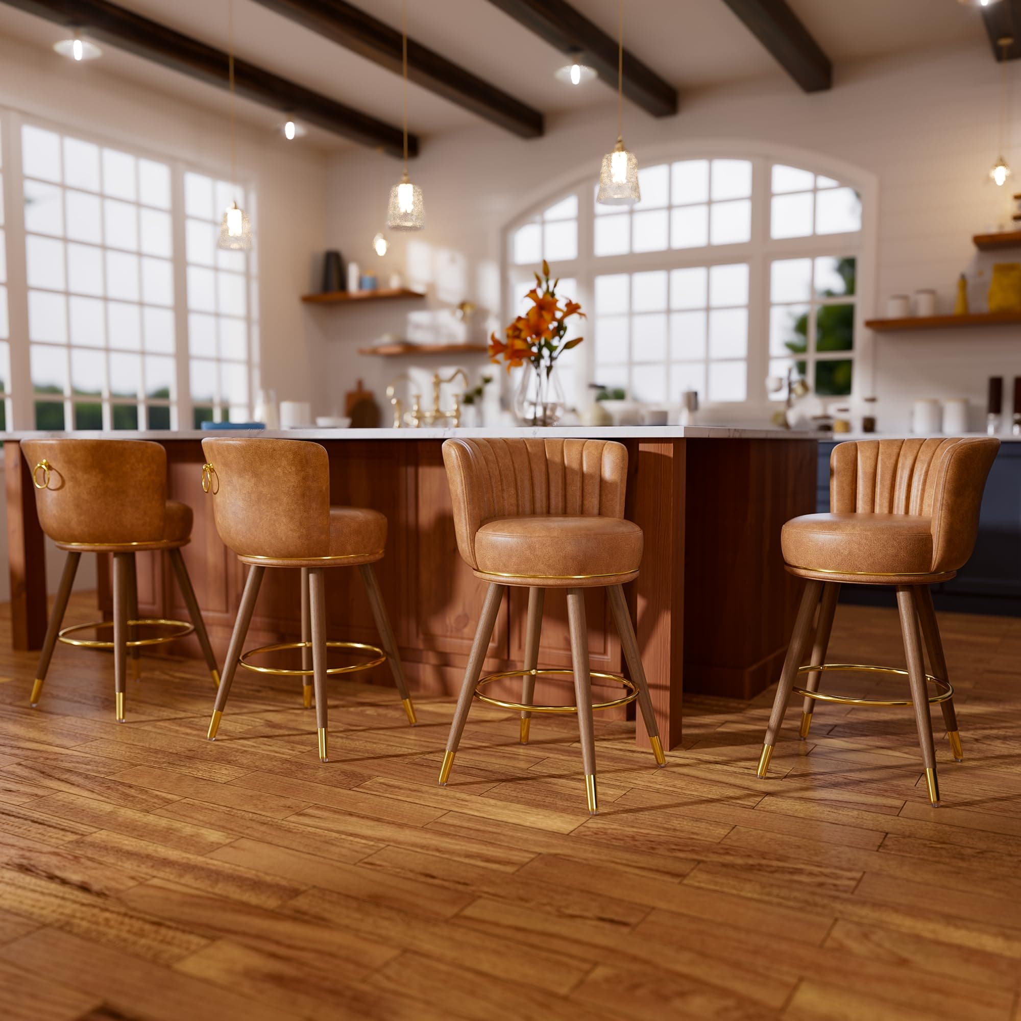 4 Pack Swivel Bar Stools with Back, Brown Kitchen Counter Height Chairs
