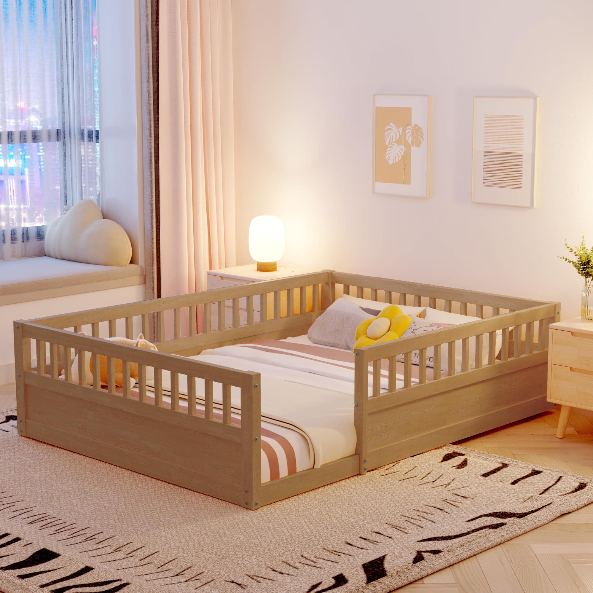 DNYN Twin Size Space-Saving Floor Bed for Kids, Natural Solid Wood & Easy Assembly