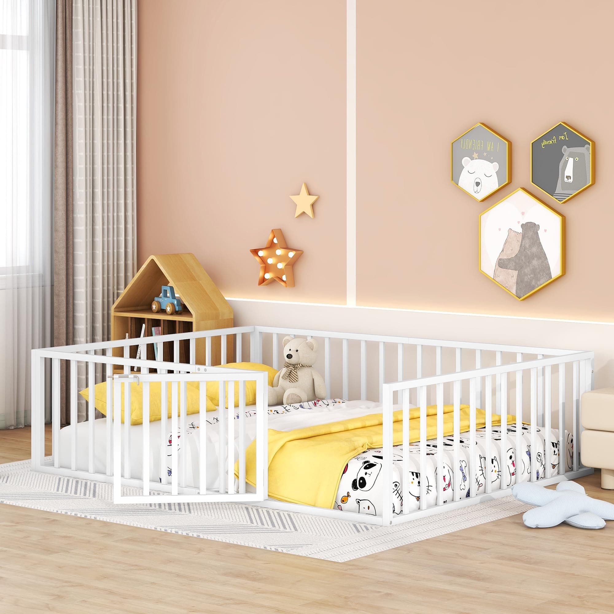 Queen Size Metal Floor Bed Frame with Fence & Door, White, No Box Spring Needed