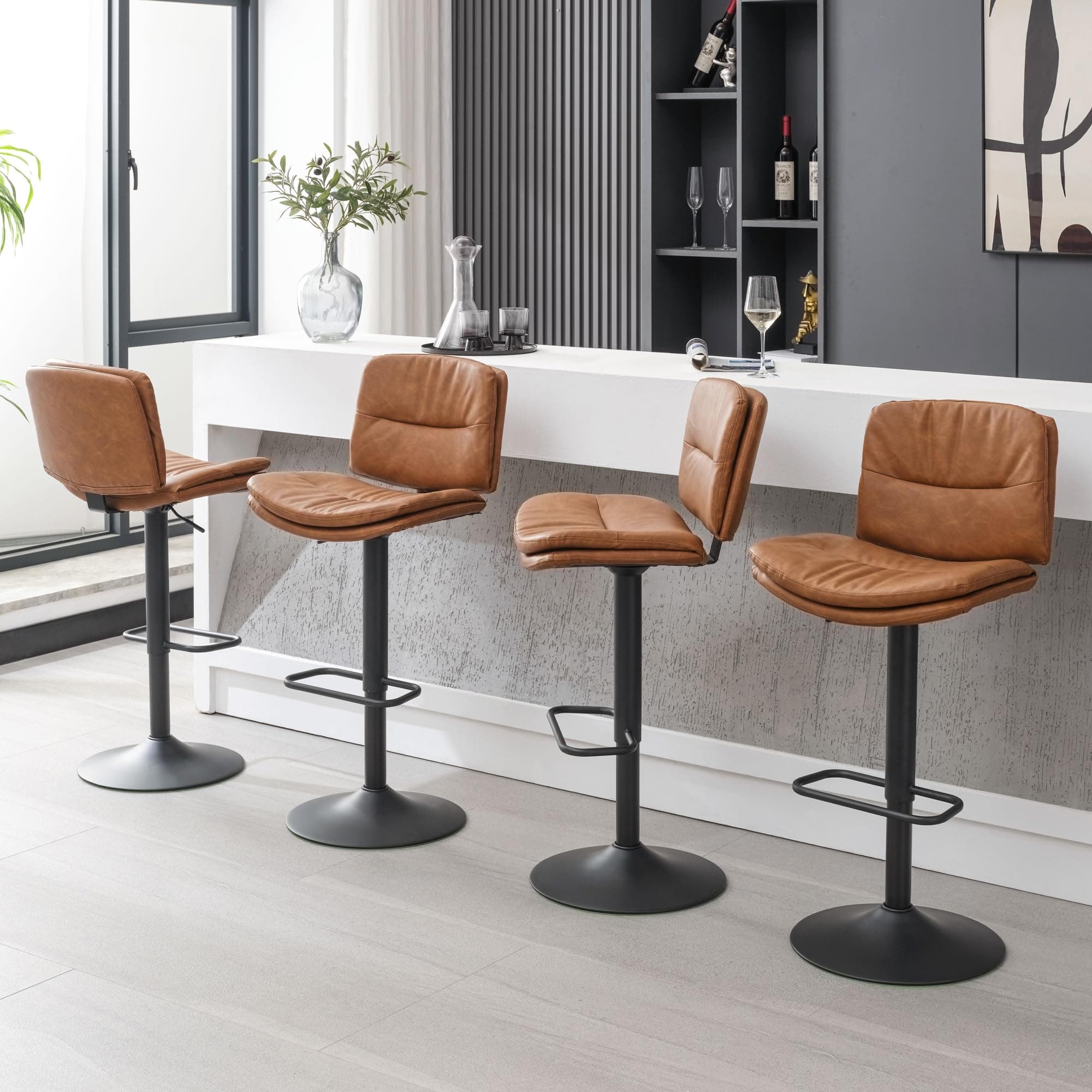Double-Layer Brown Faux Leather Bar Stools Set of 4 24"-32" Adjustable