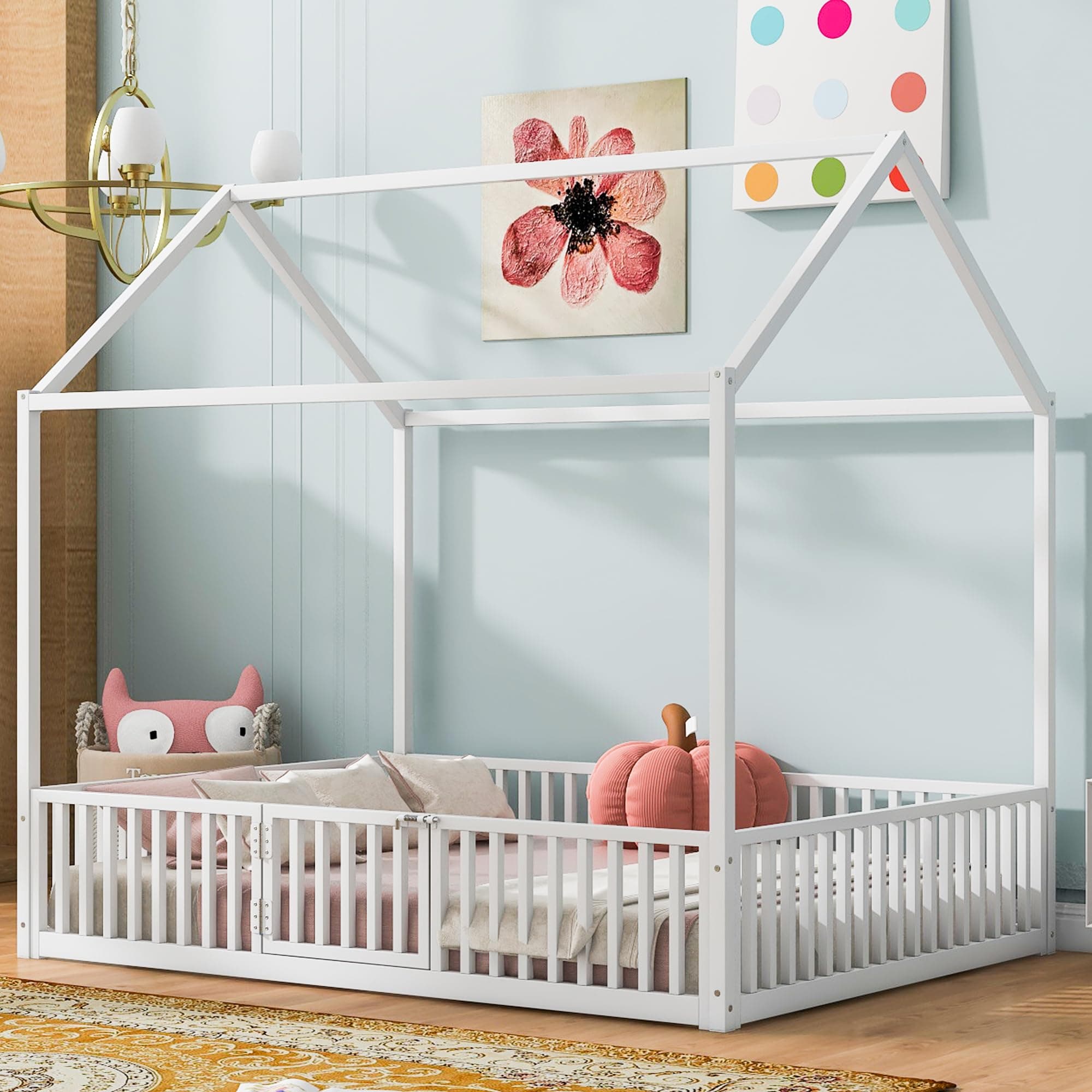 Merax Full Size Montessori Metal House Bed with Roof, White