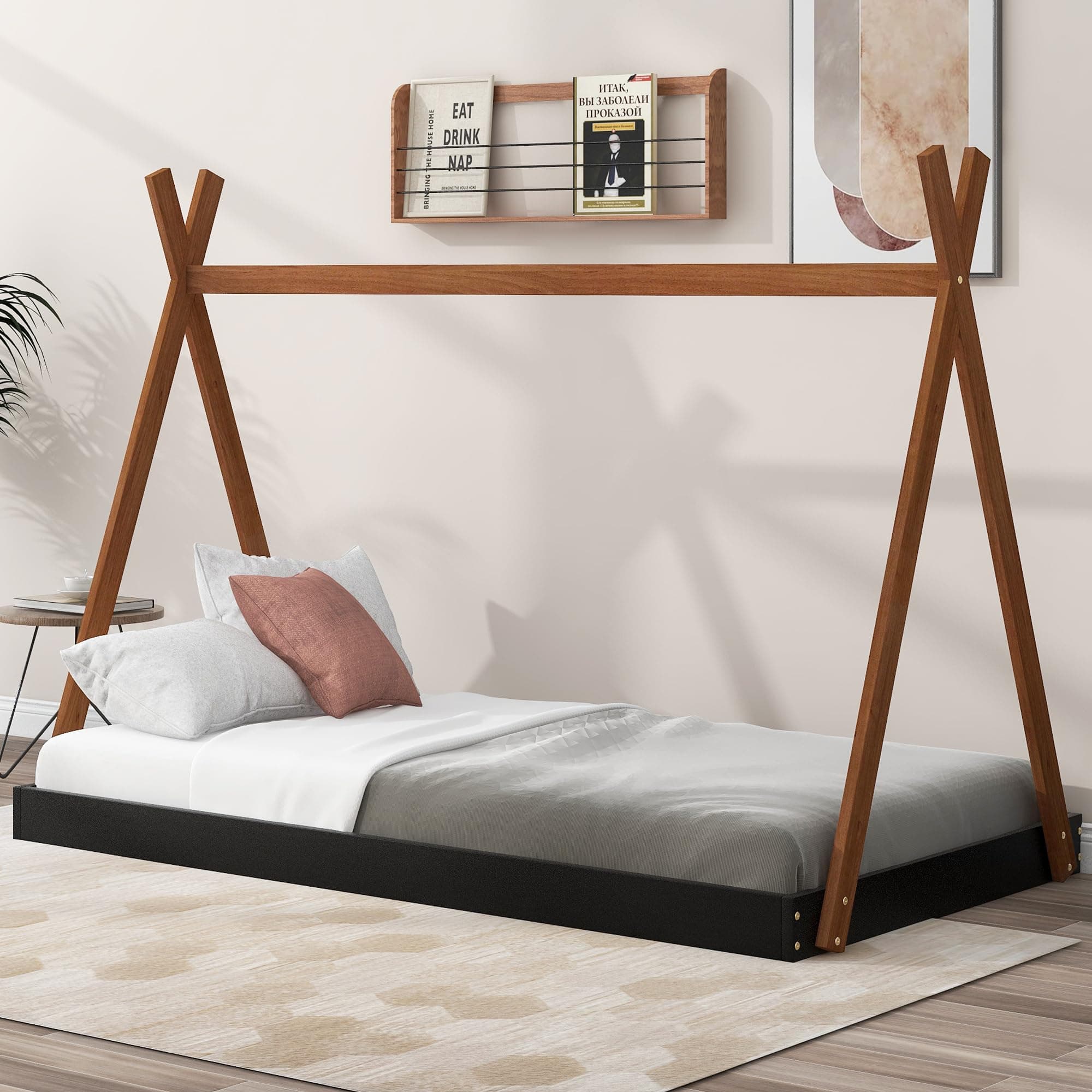 Montessori Style Black & Brown Wood Teepee Bed for Kids
