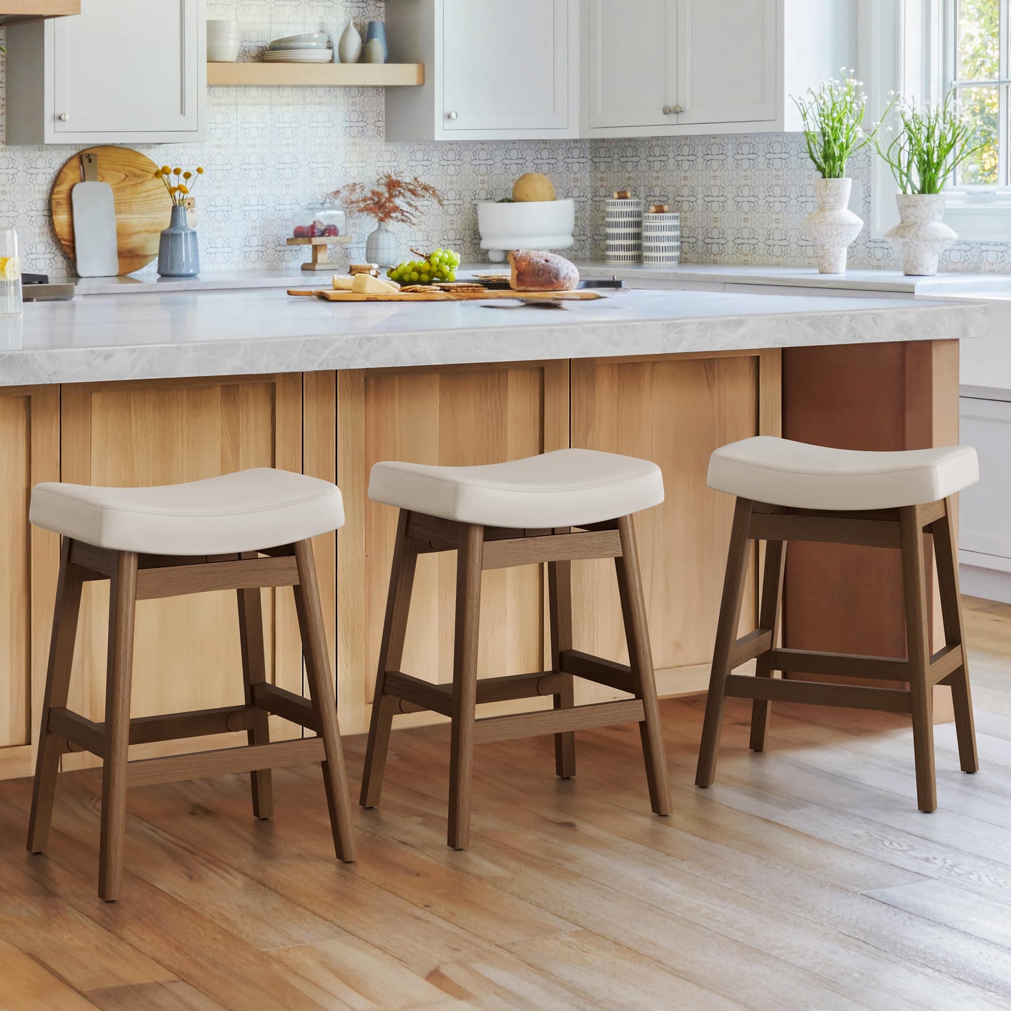Antique White Leather Bar Stools Set of 3, Sturdy Wood Legs, 24 Inch Farmhouse Counter Height