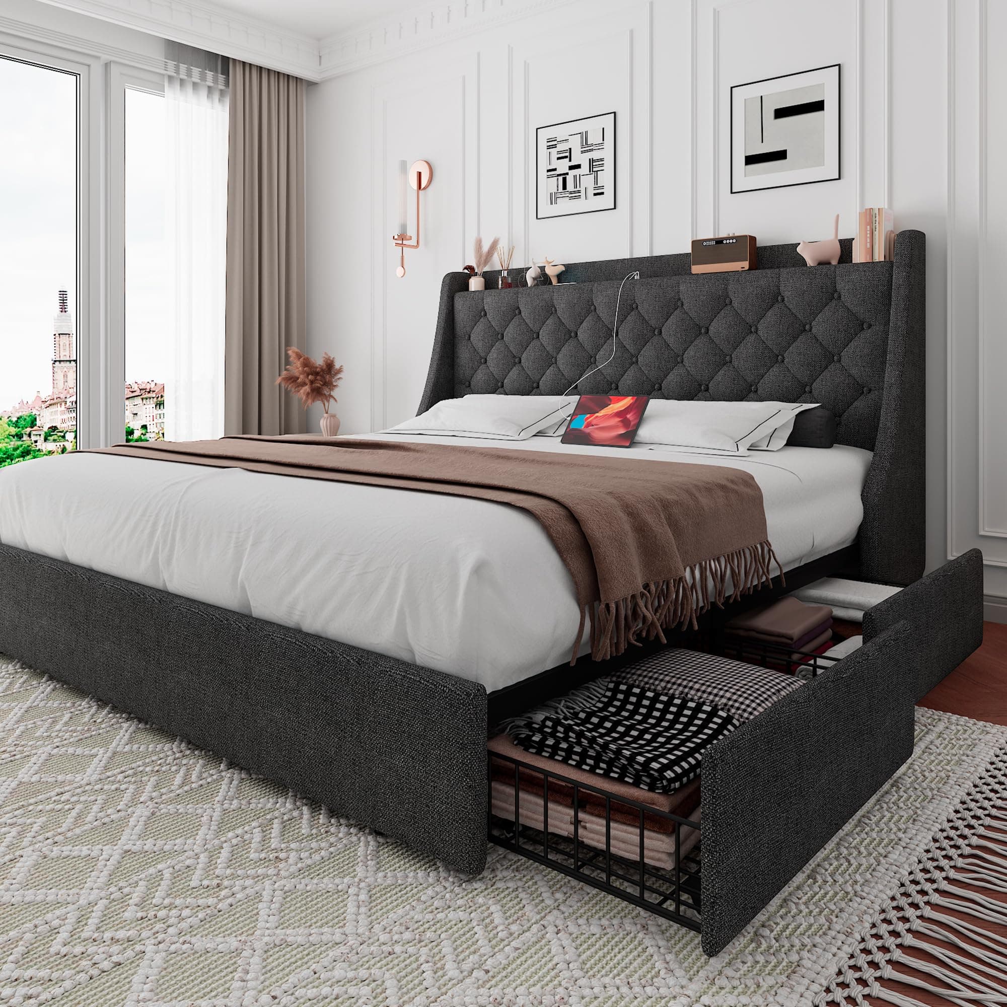 iPormis Dark Gray Queen Bed Frame with Storage Drawers & USB Ports