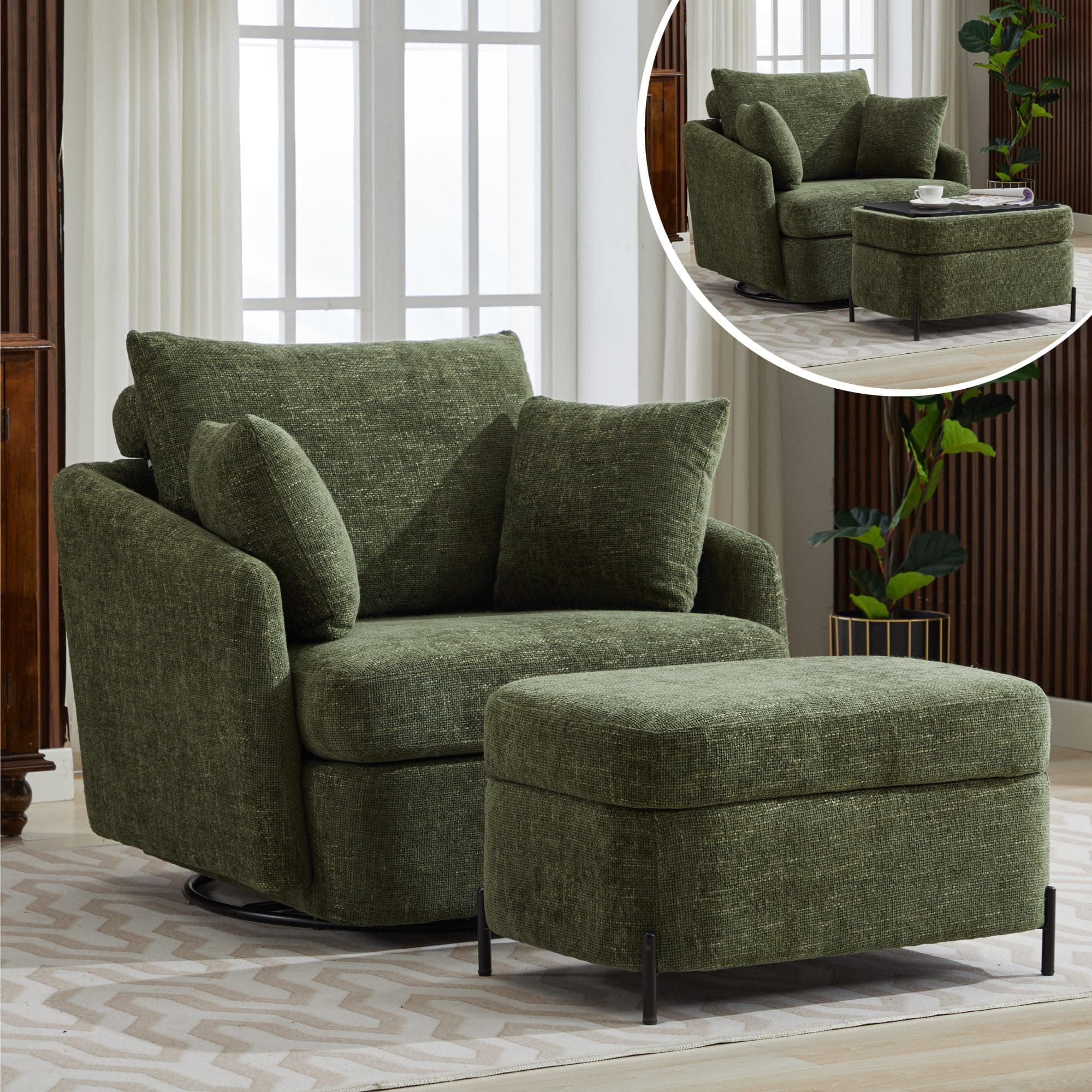 Oversized Green Chenille Swivel Chair with Ottoman