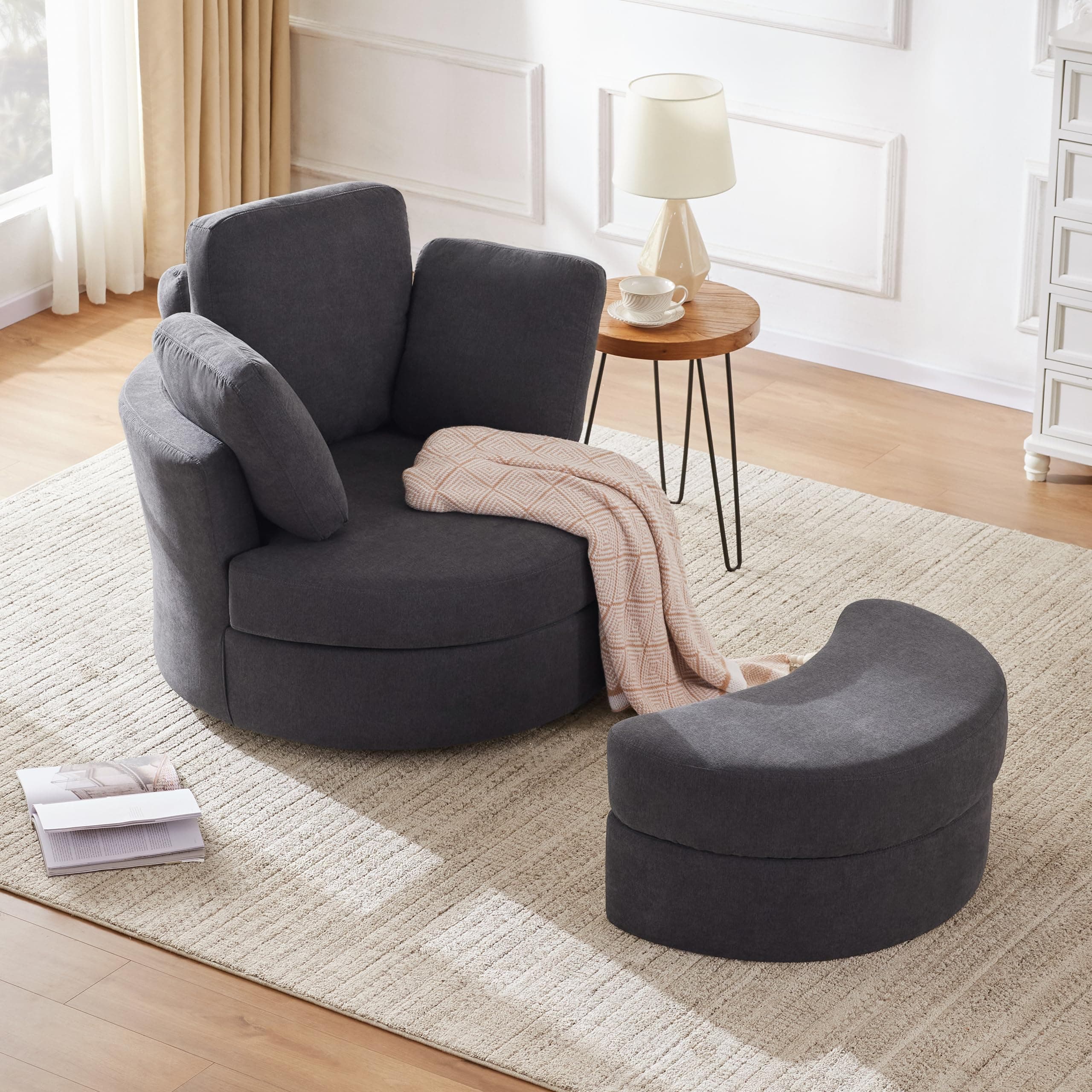 Grey Swivel Barrel Chair with Removable Headrest, Chaise Lounge, Oversized Living Room Chair