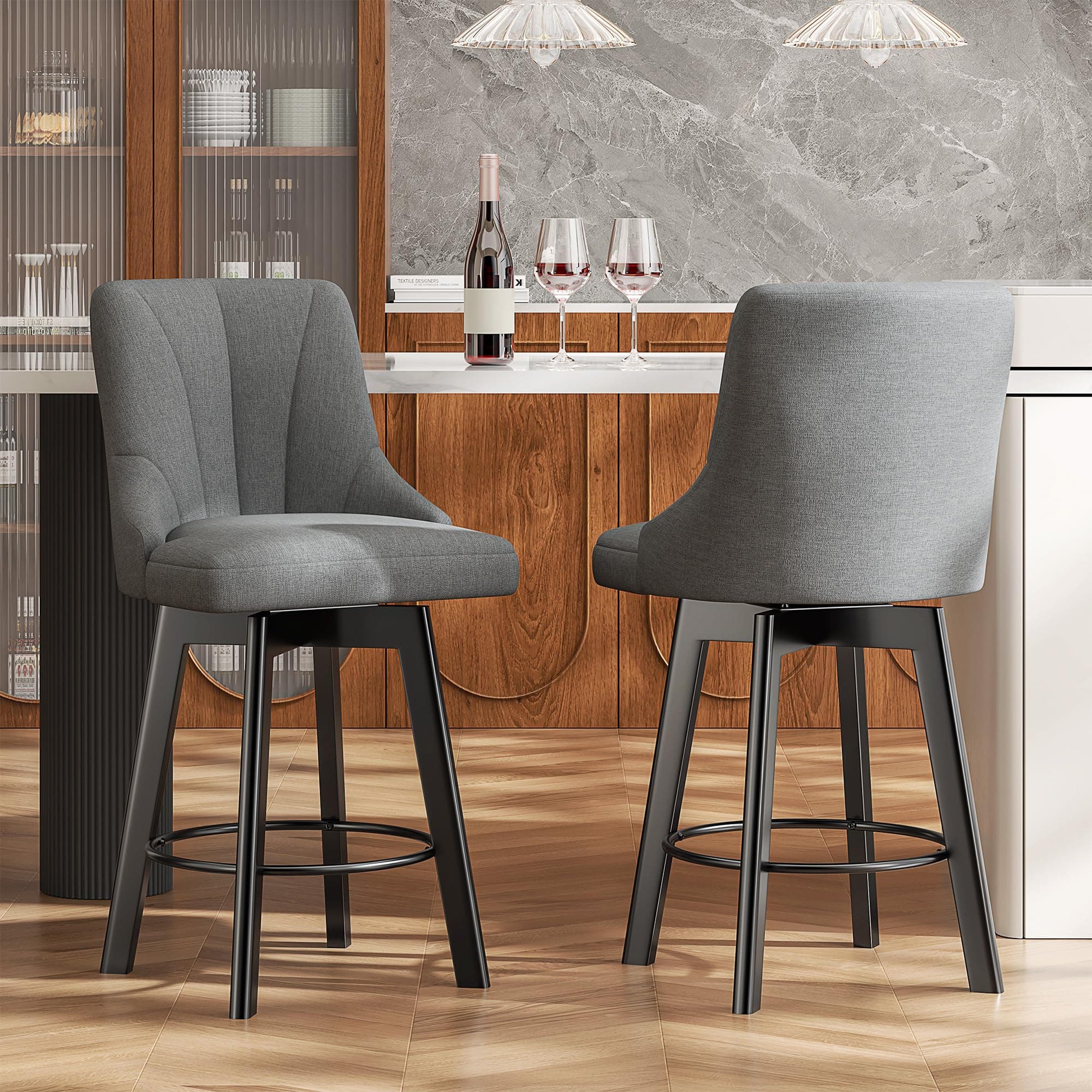 Fabric Swivel Bar Stools with Backs, 24 Counter Height Set of 2, Gray
